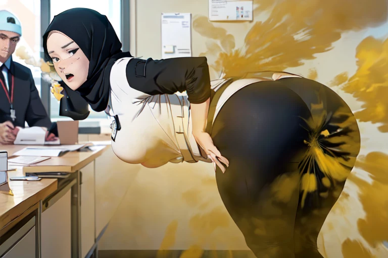 ((hijab girl))),wear hijab, women stand,her butt facing screen,ellow smoke,Attacked by farts, Attack with farts,)),(attacks the male employee with farts)),((wearing shirt with and legging and hijab)),velocity,, (((Yellow smoke rising ))),((Hip Attack)),((fart while during meeting with employee),((Facing this way))),masterpiece:1.2、top-quality)、(the Extremely Detailed CG Unity 8K Wallpapers、ultra-detailliert、Best Shadows)、(细致背景)、(The best lighting、extremely delicate and beautiful)、depth of fields,((Girl fart)),(big fart),(((((There a male employee and a female boss.......))))),(((Female boss attacks male employee in the face with a hip attack..))),(((high-handed female employee who endurance pain))),((office room))