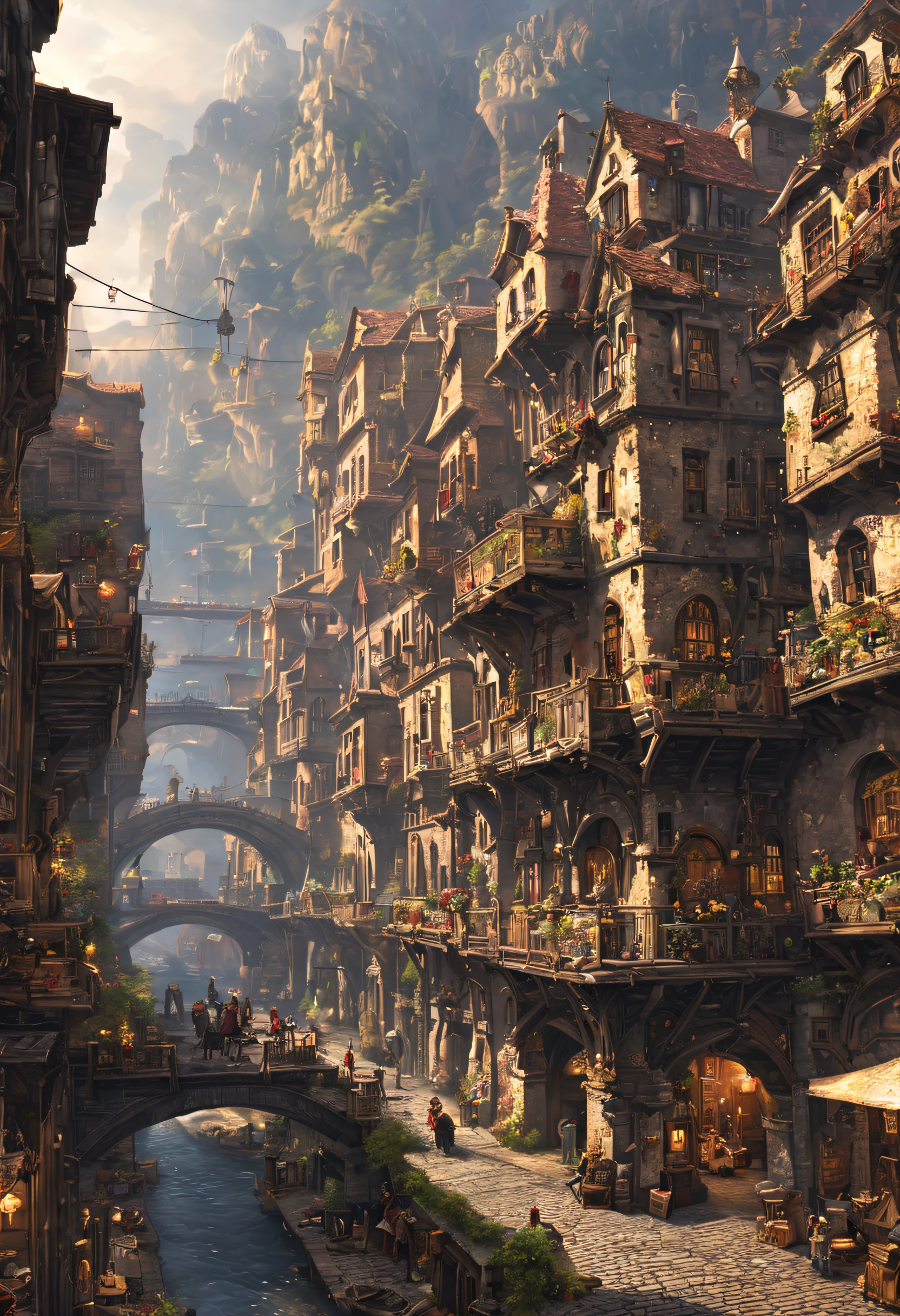 ((masterpiece)),((best quality)),((high detial)),((realistic,))
Industrial age city, deep canyons in the middle, architectural streets, bazaars, Bridges, rainy days, steampunk, European architecture