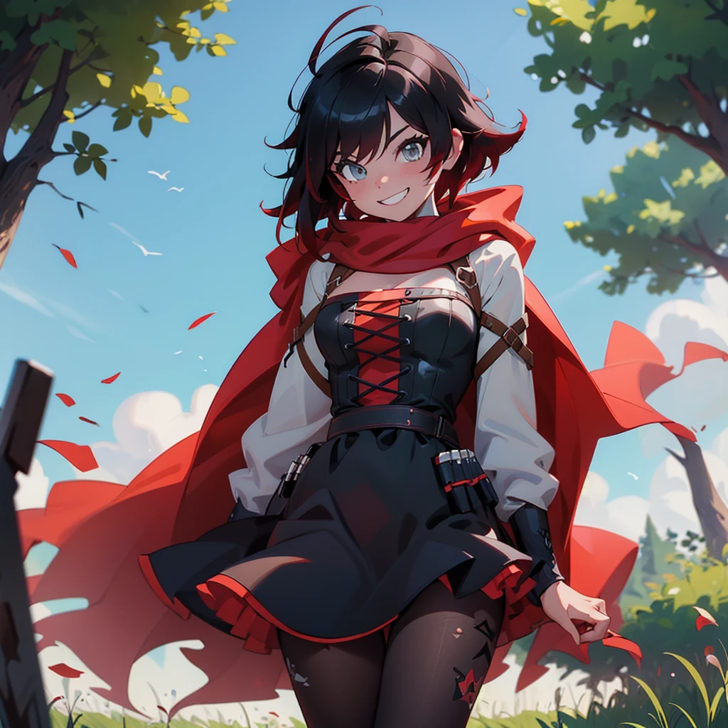 (masterpiece, best quality:1.2), cowboy shot, solo, 1girl, ruby rose, grin, looking at viewer, arms behind back, black dress, long sleeves, red cape, pantyhose, country lane