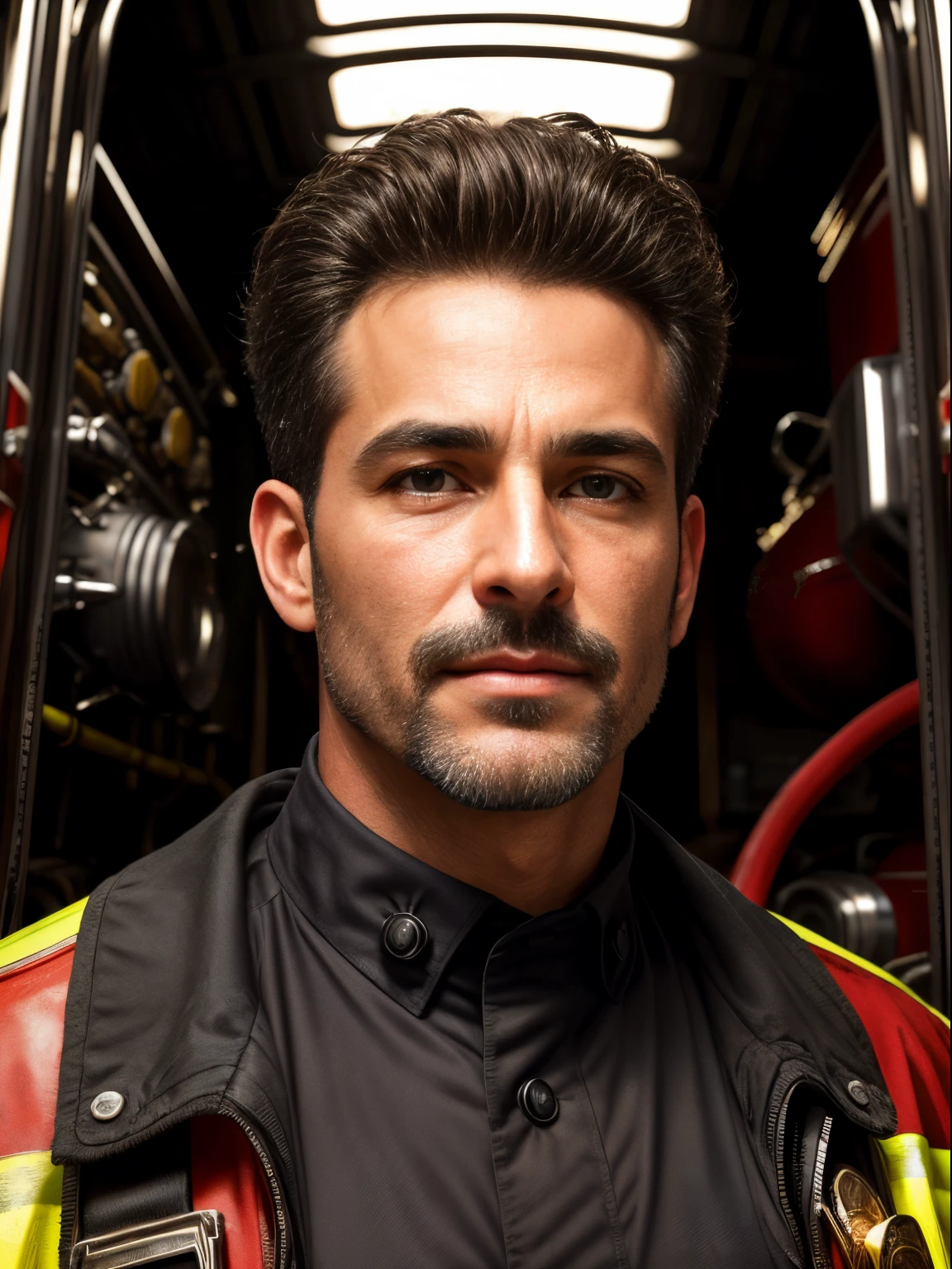 masterpiece, best quality, high resolution, closeup portrait, male focus, solo focus, A man, 50 years old, with firefighter uniform, firefighter suit, firefighter, silver grey hair, messy hairstyle, cute and seductive face, bare chest, body hair, facial hair, roman nose, very skinny body, hairy legs, dimples, beard, bold jawline , in the background a fire station,  view from below, amazing composition, front view, HDR, ultra quality, elegant, highly detailed