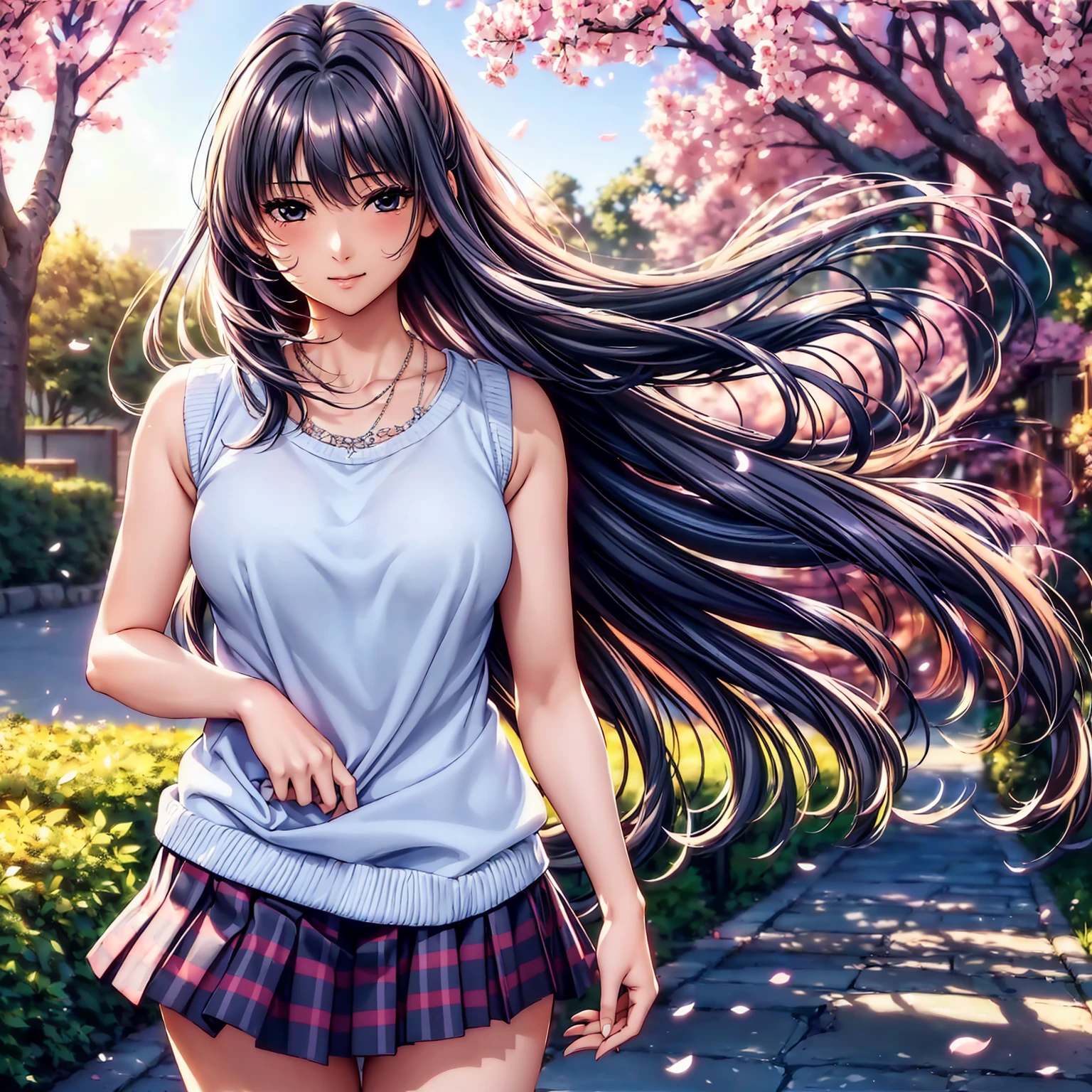 (top quality picture、masterpiece level、very high res、超A high resolution,High-quality detail)、(An 18-year-old beautiful girl with perfect and ultimate beauty.,beautiful breasts and body shape,Beautiful body,美丽的面容,Strong-willed eyes:1.5)、(has a wide variety of hairstyles,The bangs are neatly arranged,Straight long side hair,Beautiful hair:1.2),Realistic textures,beautiful colors,(Wear sleeveless knitwear,Diamond Necklace,Wear a plaid pleated skirt),has a bright smile,line of sight,Mouth opens,The wind is blowing(The wind blows and the skirt flaps 1.2),Hair flutters under the influence of the wind,Park at night,A path lined with flourishing cherry blossom trees,Cherry blossoms scattering,Beautiful Landscapes,(The whole body,thigh visible,accurate anatomy、extremely detailed picture、Accurate images、Perfect Image 1.5)、beautiful anime woman, Beautiful Art Style, an animated character、(The whole picture、Detailed picture、Defect-free images、natural soft light、beautiful image),(Best Shot 1.2)