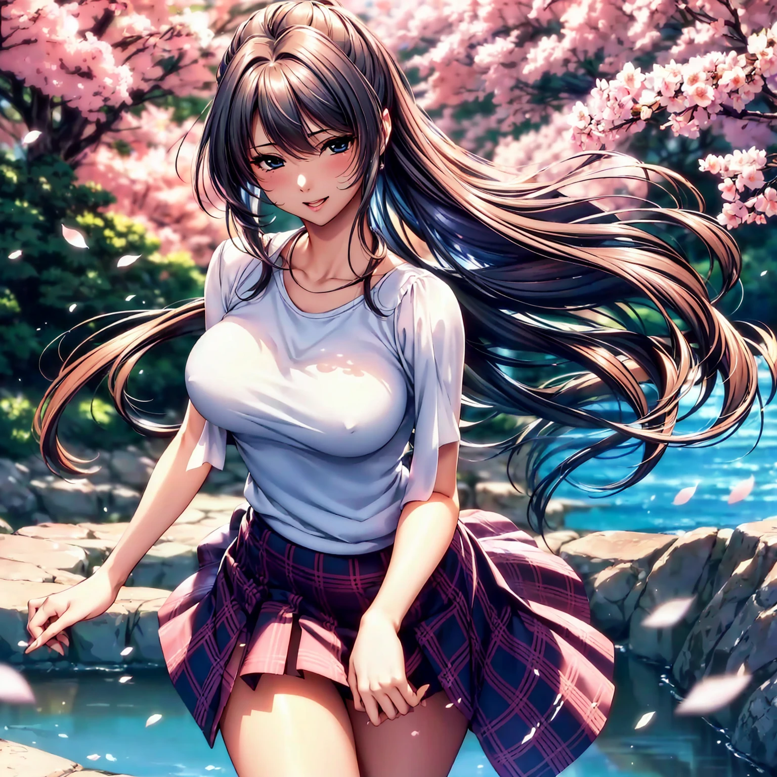 (top quality picture、masterpiece level、very high res、超A high resolution,High-quality detail)、(An 18-year-old beautiful girl with perfect and ultimate beauty.,beautiful breasts and body shape,Beautiful body,美丽的面容,Strong-willed eyes:1.5)、(has a wide variety of hairstyles,The bangs are neatly arranged,Straight long side hair,Beautiful hair:1.2),Realistic textures,beautiful colors,(Wear sleeveless knitwear,Diamond Necklace,Wear a plaid pleated skirt),has a bright smile,line of sight,Mouth opens,The wind is blowing(The wind blows and the skirt flaps 1.2),Hair flutters under the influence of the wind,Park at night,A path lined with flourishing cherry blossom trees,Cherry blossoms scattering,Beautiful Landscapes,(The whole body,thigh visible,accurate anatomy、extremely detailed picture、Accurate images、Perfect Image 1.5)、beautiful anime woman, Beautiful Art Style, an animated character、(The whole picture、Detailed picture、Defect-free images、natural soft light、beautiful image),(Best Shot 1.2)
