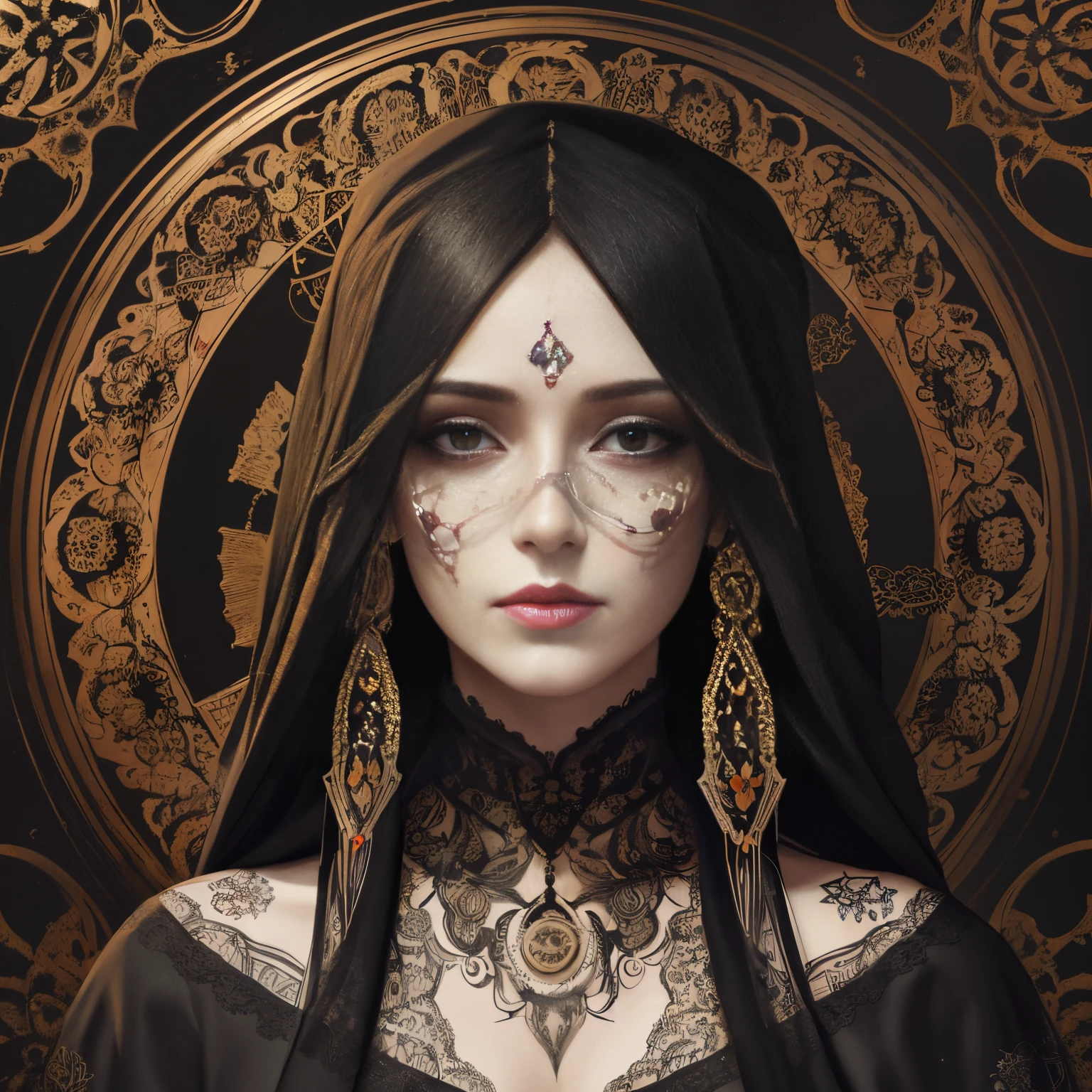 Santa Muerte, best quality, Pintura digital, extremamente suave, fluido, Fractais 3D, light particles, sonhador, liso, Cintilante, brilho sonhador, Arte conceitual de Alberto Seveso, Anna Dittmann, Arthur Rackham, esquema de cores harmonioso, 32k, Wet black and orange color paint line art dreamy female portrait with lots of lace filigree on black canvas illustration depicted in the perfect fractal style of Vassily Kandinsky, Jackson Pollock, Alphonse Mucha e Jeremy Mann, QG, Modificadores 4K: 4K 3D