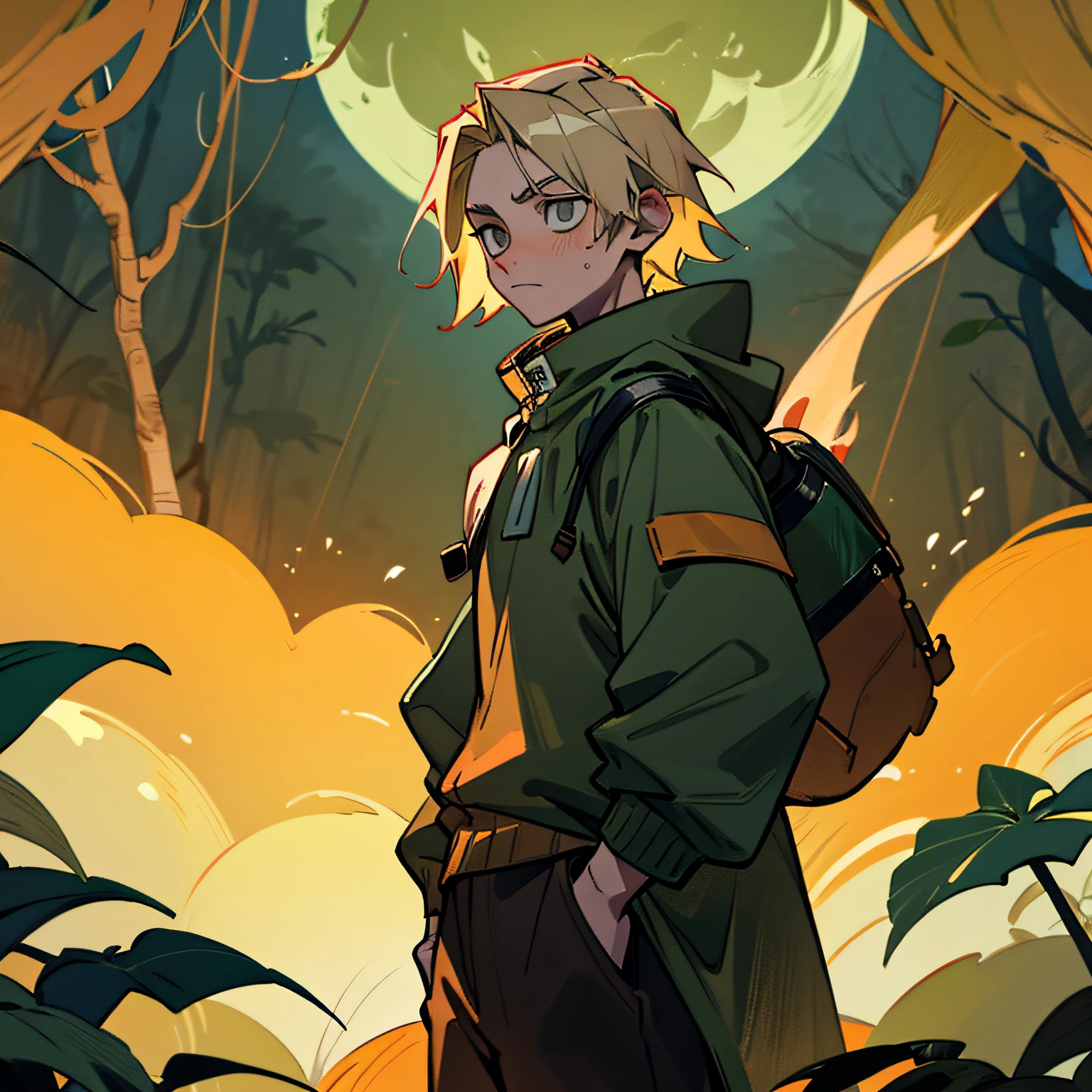 Teenage boy, dirty blonde hair, gray eyes, dark green sweatshirt, wildfire druid, in jungle at night