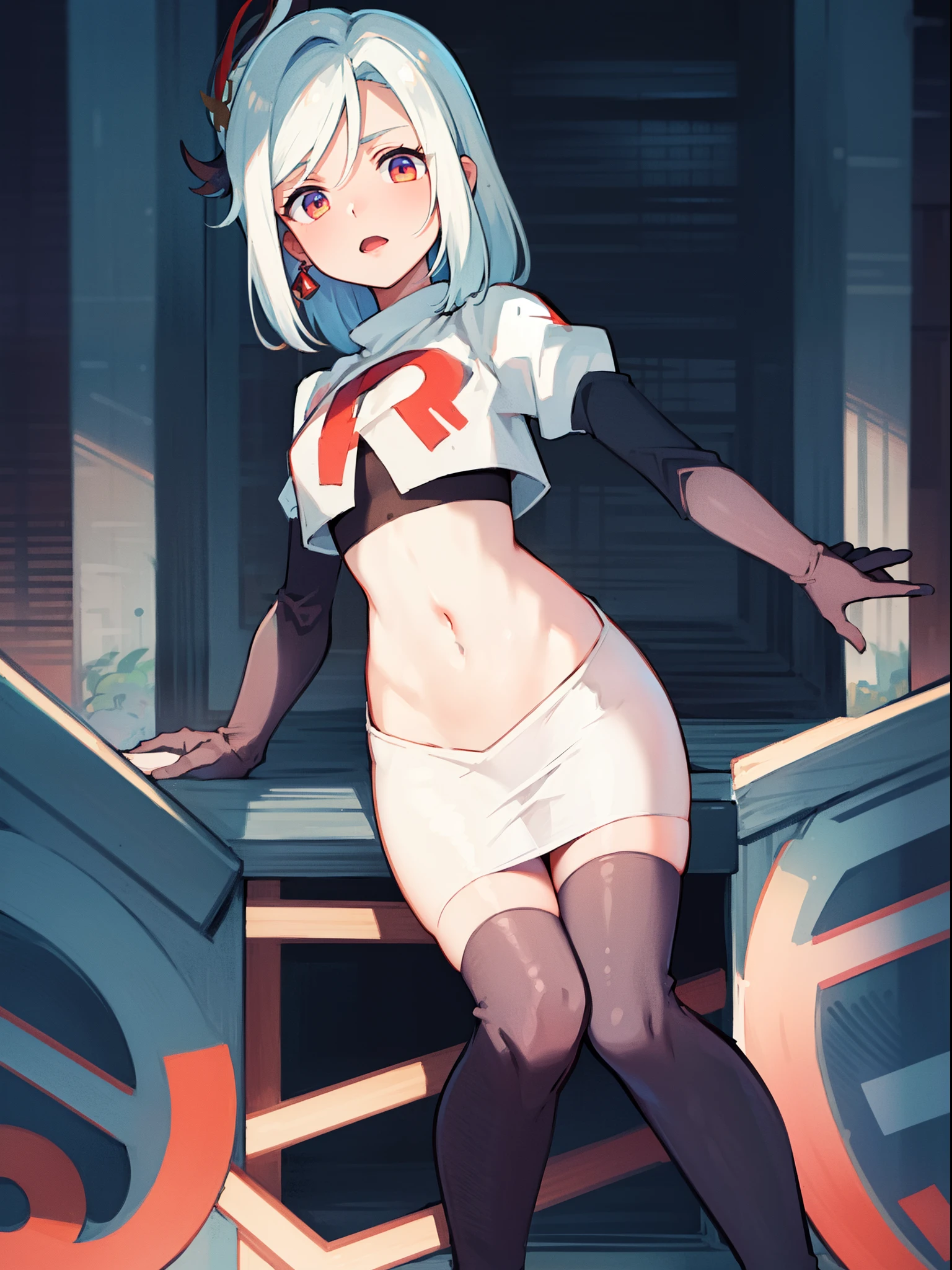 One girl, Delicate face, of the highest quality, The 8k quality, team rocket,team rocket uniform,white skirt,red letter R,crop top,black thigh-highs,black elbow gloves, naked girl, camel toe,