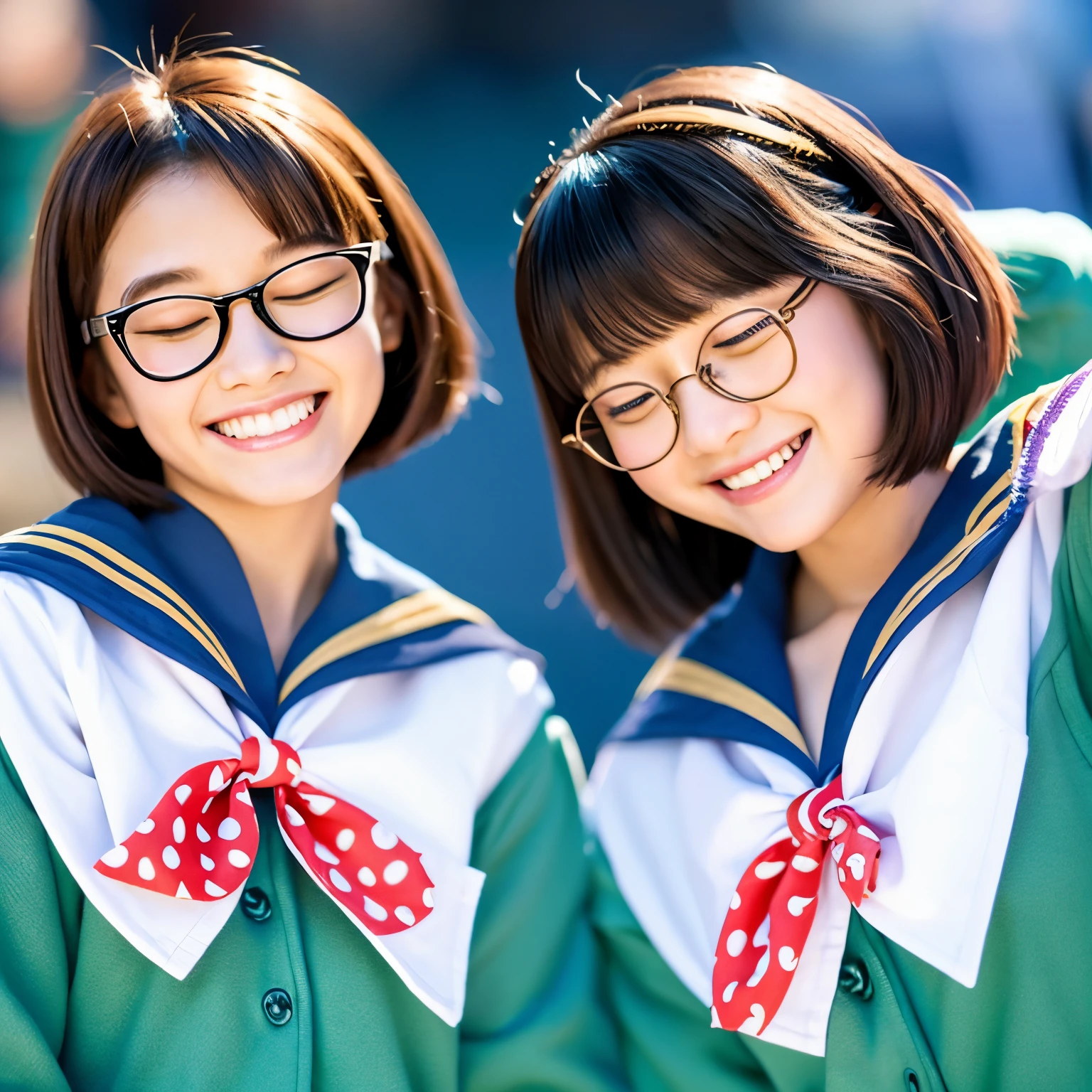 disney pixar movie two girls、Both of them are wearing sailor suits、The girl on the left has her hair in a ponytail and her eyes are closed happily.、The girl on the right has a bob hairstyle, round glasses, and a piece.、The background is the Disney Pixar-style world of The Little Mermaid.、There are beautiful large shells