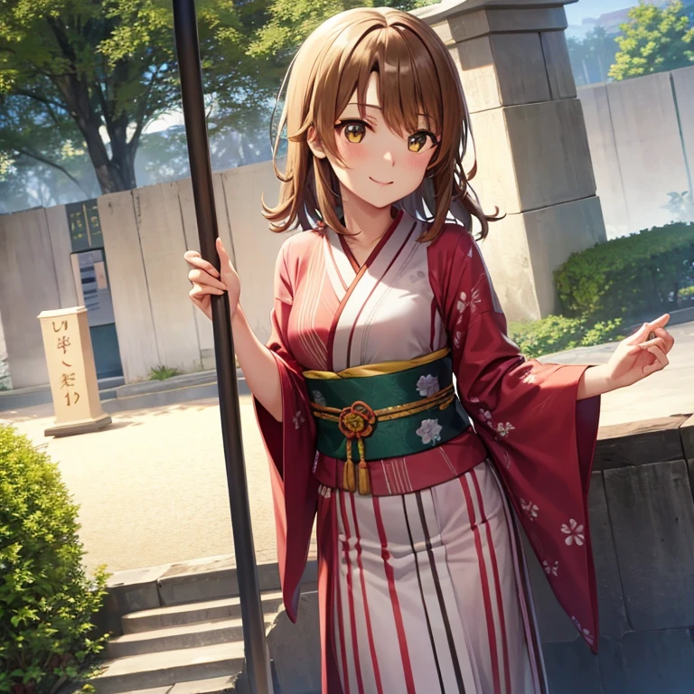 Isshiki Roha, shorth hair, brown haired, Brown-eyed, yellow kimono,Kimono,Furisode,long skirt,A smile, Solo,shrines