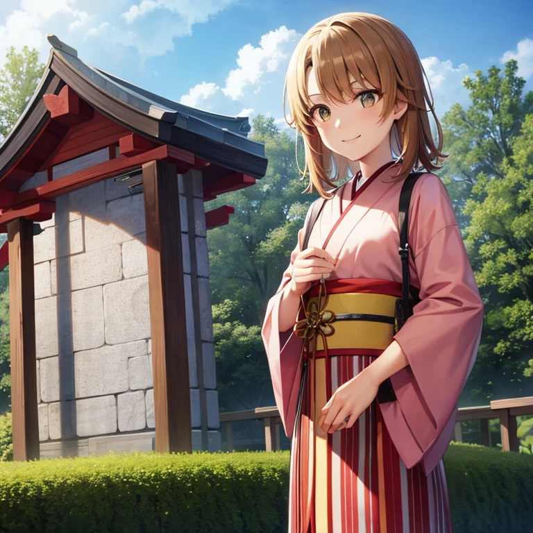 Isshiki Roha, shorth hair, brown haired, Brown-eyed, yellow kimono，Kimono，Furisode，long  skirt，A smile, Solo，shrines