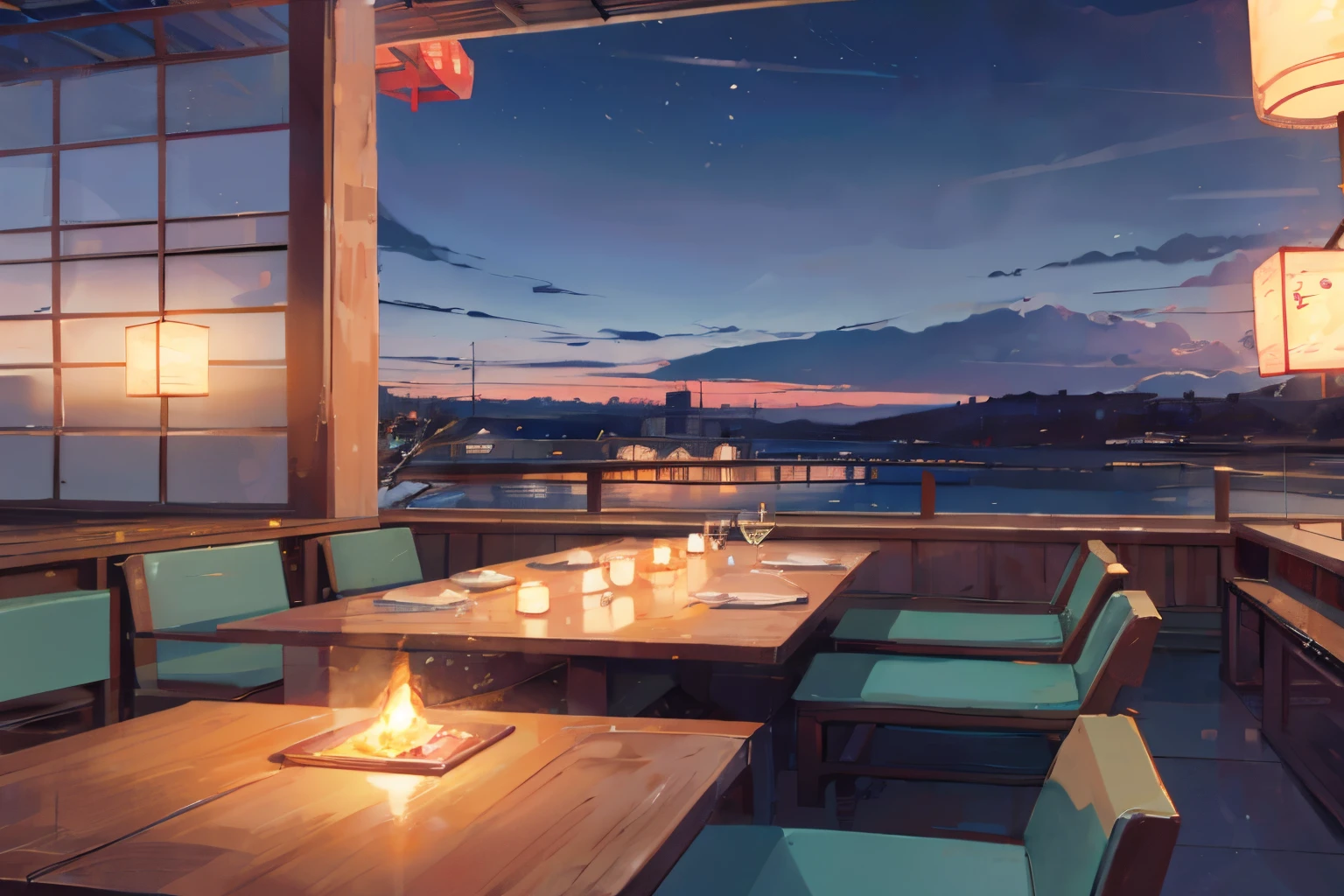 hermoso fondo de un restaurante, con paisaje de noche, velas, romantico, muy romantico, acogedor, japones, fondo de ventanales grandes, noche,