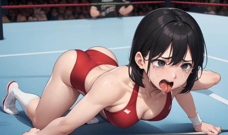 full body photographed、masterpiece、top-quality、hight resolution、A dark-haired、weak、High leg cut swimsuit、white sporty boots、Sweaty skin、Professional wrestling venues、professional wrestling、((On the ring of professional wrestling:1.1))、Red face、 girl,((all-fours:1.2))、 Crying、Scream、Mouth open、knockout、syncope、vomiting、anguished expression、agony