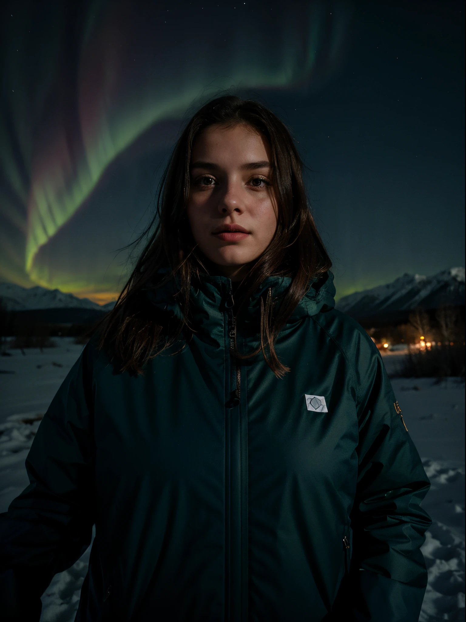 1 European girl, 25 years old, upper body portrait, wearing winter outdoor clothes, aurora, look at the sky, traveler, explorer, outdoor, ecstatic, in the dark, night, dark scene, low key