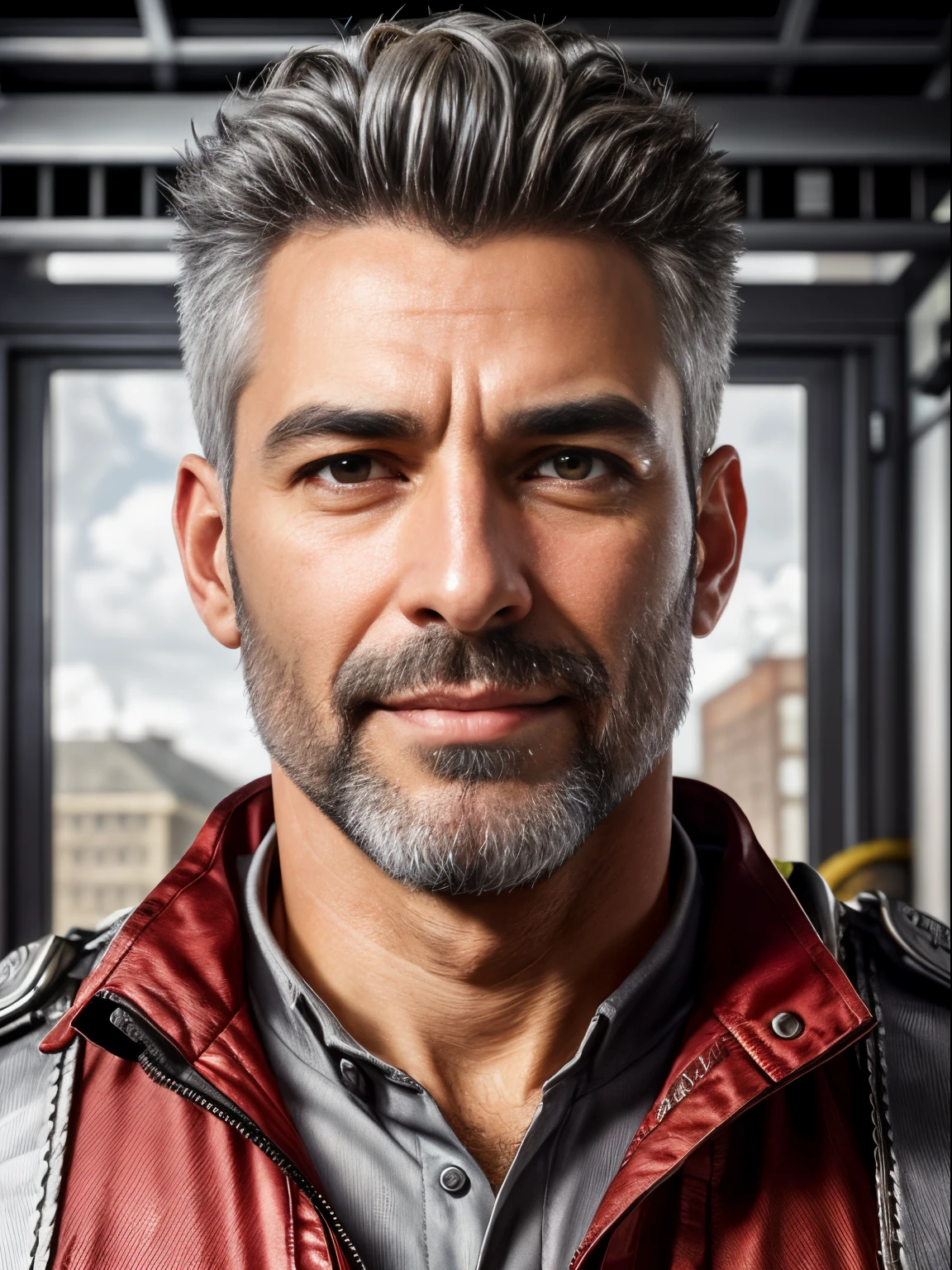 masterpiece, best quality, high resolution, closeup portrait, male focus, solo focus, A man, 40 years old, with firefighter uniform, firefighter suit, firefighter, silver grey hair, messy hairstyle, cute and seductive face, bare chest, body hair, facial hair, roman nose, very skinny body, hairy legs, dimples, beard, bold jawline , in the background a fire station,  view from below, amazing composition, front view, HDR, ultra quality, elegant, highly detailed