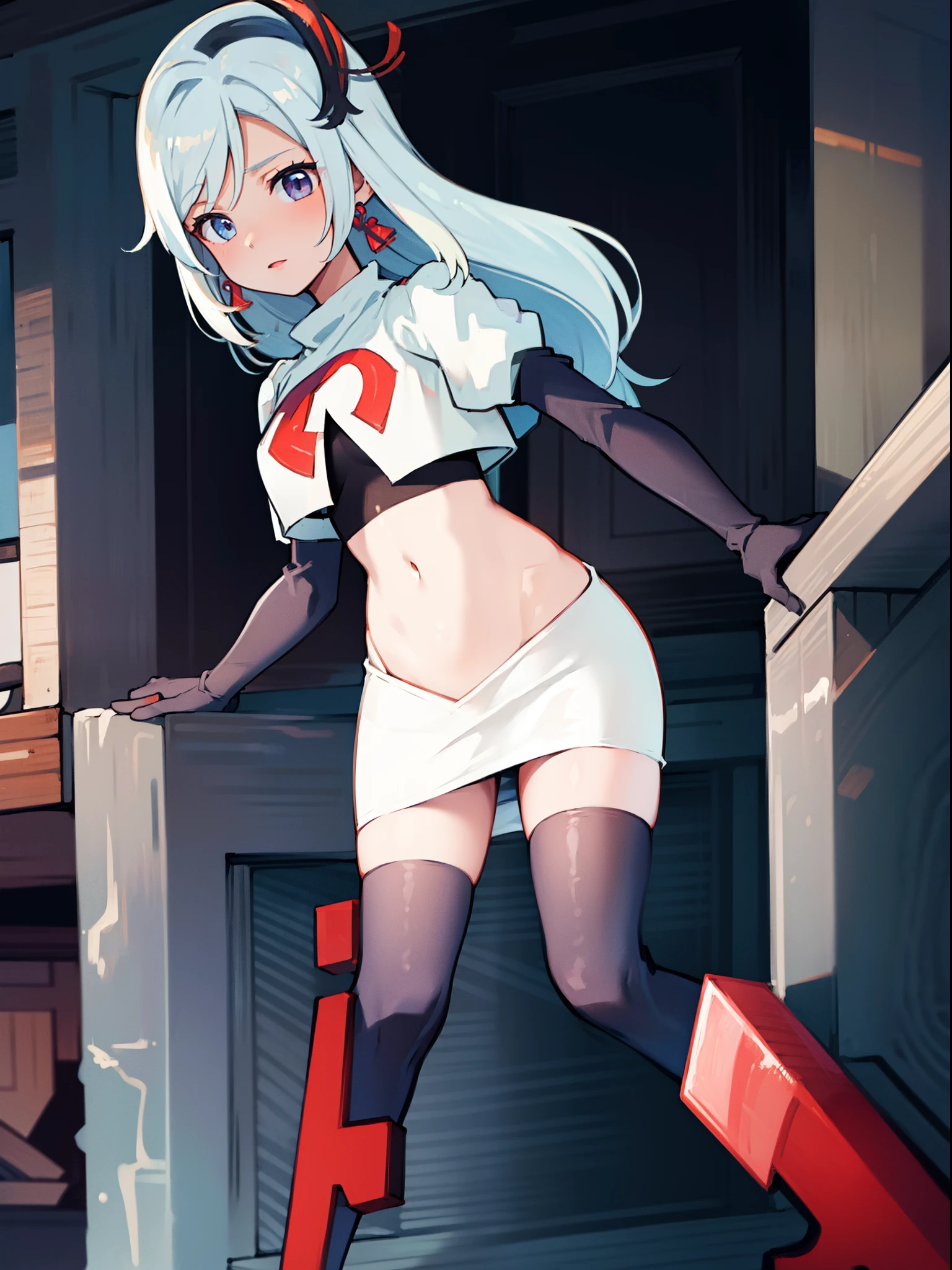 masterpiece, best quality, shenhe \(genshin impact\), long hair, 1girl, solo, earrings, hair ornament, team rocket,team rocket uniform, red letter R, white skirt,white crop top,black thigh-highs,black elbow gloves