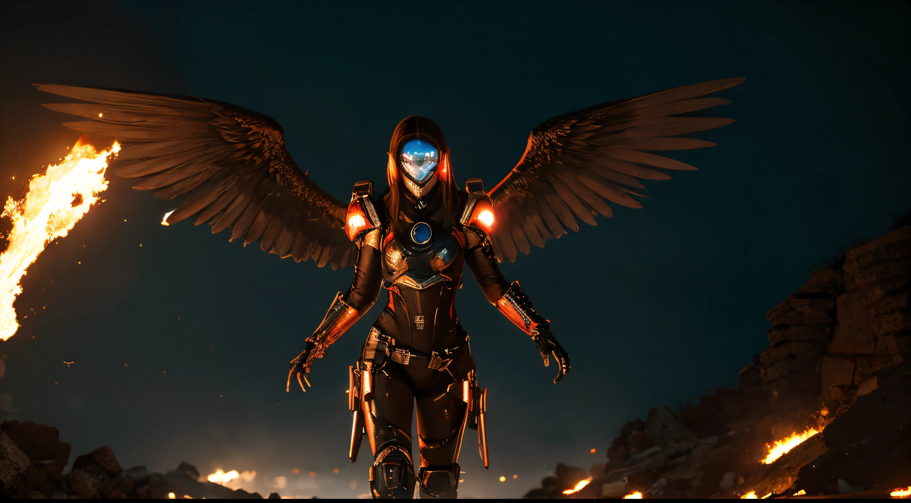 Cosmic cyberpunk fallen angel in neon mecha armor, inferno, funken, flamme, Flammenschwert, leuchtende Lichtaugen, Biomechanisch, unheimlich, gruselig, albtraumhaft, Sehr knallige Neonfarben, Lichtteilchen, cyberpunk, mit leuchtendem Licht, , Rauchpilz, Gewinner des besten Fotos des Jahres, Die Welt in Flammen, Post-apocalyptic hellscape military photography, Foto-Epos des Jahres, Feuer am Horizont, Epische Filmaufnahme, Reinform, Komplizierte Details, 8K-Postproduktion, high resolution, Super detailliert, Auf ArtStation im Trend, Scharfer Fokus, Studio-Fotos, Komplizierte Details, sehr detailliert, von Greg Rutkowski, Mshiff, wallpaper art, UHD-Hintergrundbild, tilted head