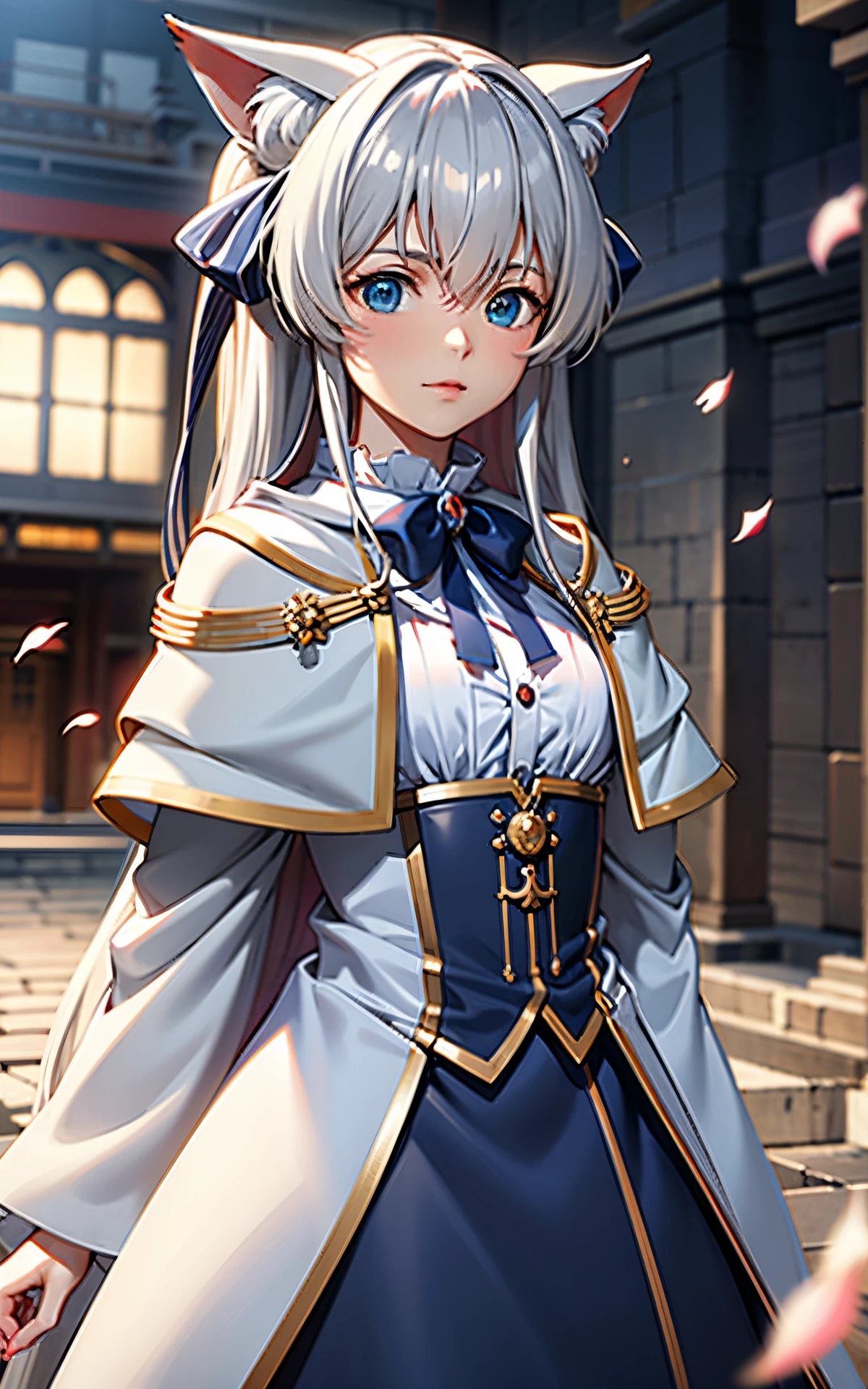 A kitsune woman in knightly armor stands in the middle of a town square. Flower petals float through the air as a gentle breeze blows. Her silver armor shimmers in the light. The camera zooms in for a close-up of her upper body, and she gazes directly at the viewer. (best quality, ultra-detailed), (realistic:1.37), portraits, vivid colors, soft lighting.