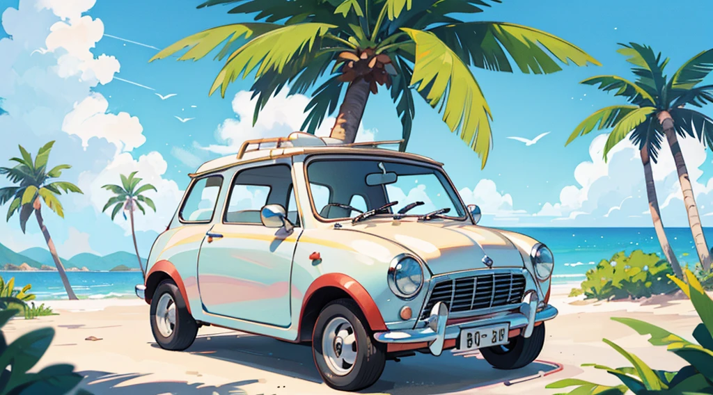 summer sky, seaside, palm tree, white classic mini car