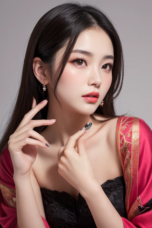 The image of a bodhisattva,Ultra-high image quality,Super detail,超A high resolution,A plump face,Beautiful oriental woman,18 years old,The fingers are white and slender,Dresses,Long red and black hair,Slender red phoenix eyes,Fair skin,Pink lips,kind