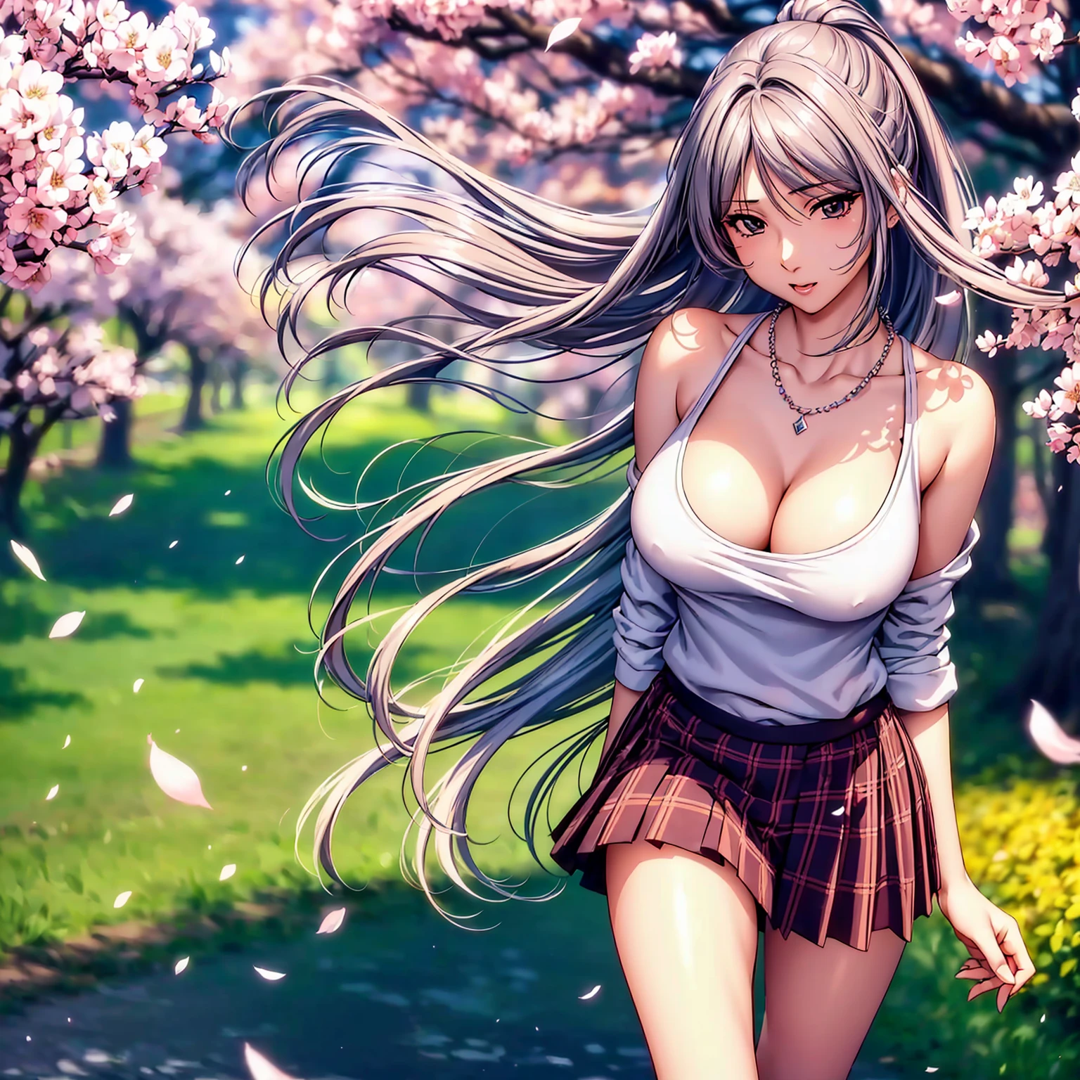 (top quality picture、masterpiece level、very high res、超A high resolution,High-quality detail)、(A 24-year-old beautiful woman with perfect and ultimate beauty.,beautiful breasts and body shape,Beautiful body,美丽的面容,Strong-willed eyes:1.5)、(has a wide variety of hairstyles,The bangs are neatly arranged,Straight long side hair,Beautiful hair:1.2),Realistic textures,beautiful colors,(Wear a sweater,Diamond Necklace,Wear a plaid pleated skirt,shoulders are exposed,I can see the cleavage:1.2),has a bright smile,line of sight,Mouth opens,The wind is blowing(The wind blows and the skirt flaps 1.2),Hair flutters under the influence of the wind,Park at night,A path lined with flourishing cherry blossom trees,Cherry blossoms scattering,Beautiful Landscapes,(The whole body,thigh visible,accurate anatomy、extremely detailed picture、Accurate images、Perfect Image 1.5)、beautiful anime woman, Beautiful Art Style, an animated character、(The whole picture、Detailed picture、Defect-free images、natural soft light、beautiful image),(Best Shot 1.2)