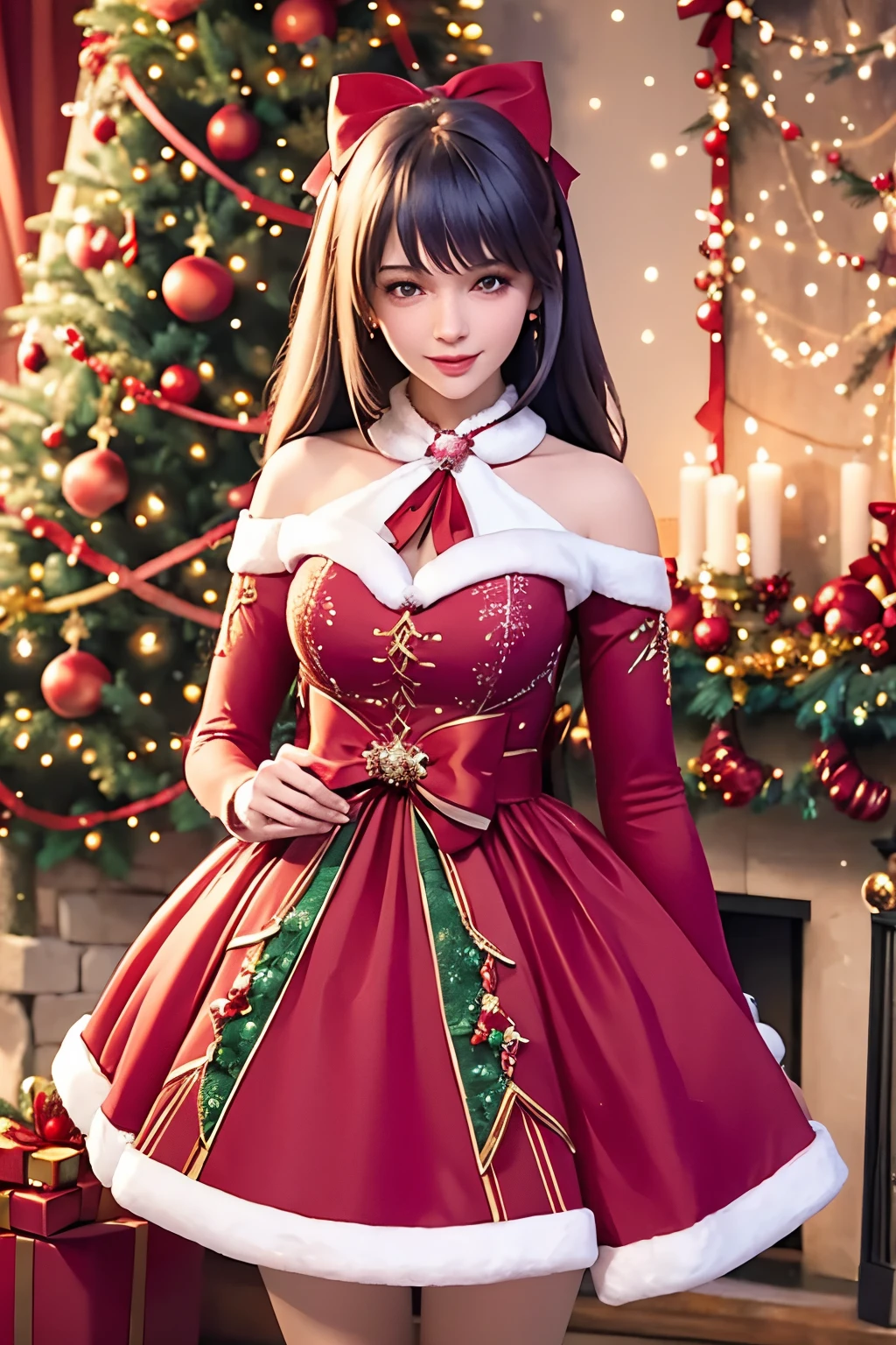 (girl in a beautiful red dress,  Holding a gift box decorated with a bow、Standing in front of a beautifully decorated Christmas tree), Illustration, Christmas,Twinkling lights, soft snowflakes fall, Ultra-detailed, Vibrant colors, pine scent, Cozy, romantic, Cheerful, breathtaking scenery, Warmth, Happiness, Magical