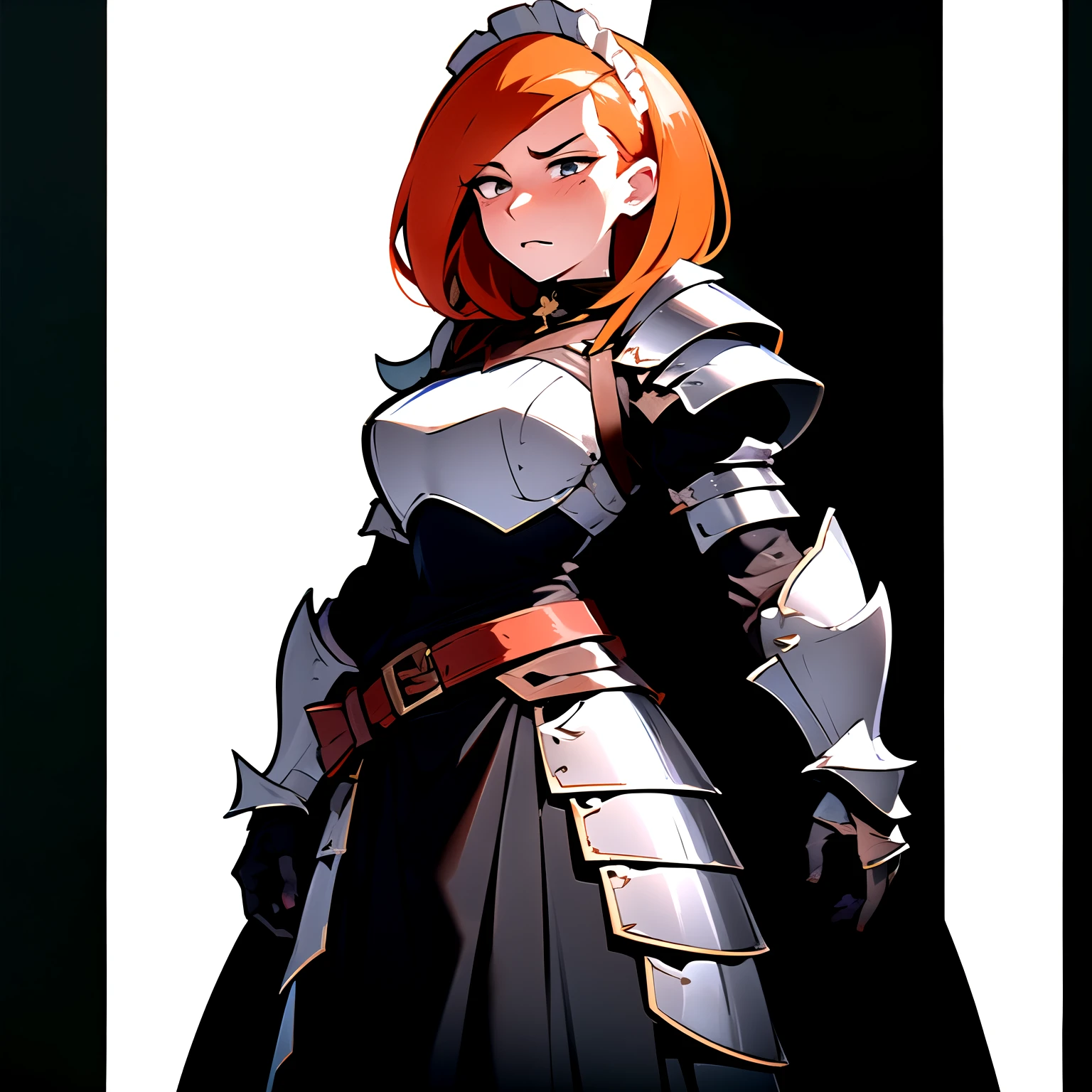 (best quality,4k,8k,highres,masterpiece:1.2), Kim possible is embarrassed and flustered by the viewer seeing her encased in heavy plate armor, which tightly locked to her body in the style of a maid outfit. Her Orange hair and flustered face contrast against her black and white armor, which encased her body from the neck down. The armor has many traits similar to a maid outfit, such as armored gloves that look like a maid’s gloves, white frills, a dress made of black heavy plate armor hangs around her, held on tightly by a black and white belt, and her chest covered from the neck to the waist by heavily-armored black breast plate that encases her entire torso. The armor (encasing her body) looks brand new, as the black heavy plate armor glistens in the light. The background (a Lavish Mansion), has suits of knight armor lining the walls, making kim possible stand out.