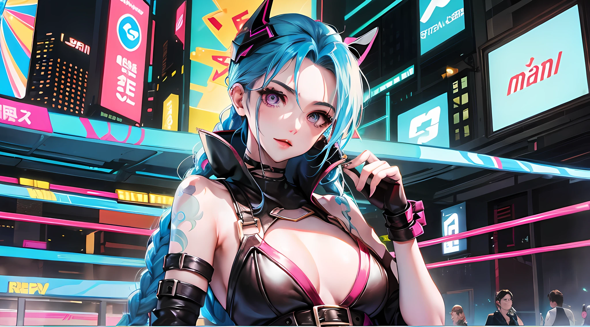 Jinx,Fleshy thighs，Poster publicity style，cyber punk perssonage，Pose，Simetall，C cup，Happy expression