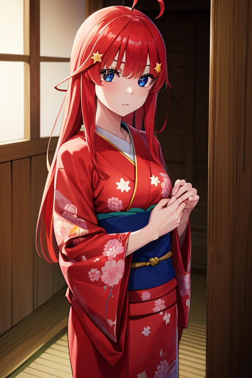 Satsuki Nakano, Itsuki Nakano, Bangs, Blue eyes, hair between eye, Ahoge, Red hair, Star \(symbol\), Hair Ornament, Star hair ornament,Red kimono，Kimono，Sunny，-so，A shrine that looks at the viewer REAK, BREAK (masutepiece:1.2), Best Quality, High resolution, Unity 8k壁纸, (Illustration:0.8), (Beautiful detailed eyes:1.6), extra detailed face, Perfect Lighting, extremely details CG, (Perfect hands, Perfect Anatomy),