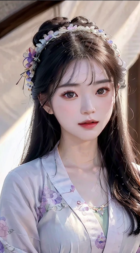 masterpiece, black_hair, 1 girl, looking at the audience, long_hair, nail_polish, solo, ancient art, Chinese,(8k, best quality, masterpiece:1.2), (realistic, realistic:1.2), (background sky: 1.2), (face close-up: 1.7), looking at the audience, hanfu, 1girl, (purple flower pine ink: 1.1), face close-up, detailed face, hanfu, song, long shan, pleated skirt,cinematic lighting, motion blur, ray tracing, god rays, bloom, drop shadow, close-up, lens flare, UHD, masterpiece, ccurate, anatomically correct, textured skin, super detail, high details, high quality, award winning, best quality, highres, 16k, HD, face close-up, close-up, close-up, accurate, correct hand, (anatomically correct: 1.5),