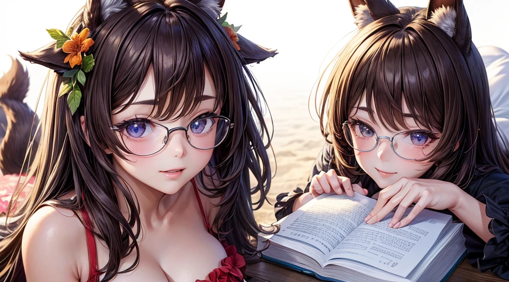 (masterpiece, best)), (1girl), (mature woman), Brown hair, open-chest seduction, flared, (kemonomimi lady), bangs, medium breasts, glasses lady, (full), slim, smile, [wide hips], standing, 8K picture quality, sexy seduction, (open-chest) (Sharp focus: 1.5), (sharp focus:1.2), (beautiful face:1.1), (eye makeup:1.2), (tight body:1.2), (flowery dress:1.2) (the beach:1.2). (morning sun lighting:1.2), ((Masterpiece)), (highest quality))), (Character design sheet, national costume, same character, front, side, back), (simple background, white background: 1.3) ( Masterpiece:1.2), (Best Quality:1.3) (best quality:1.1) realistic:1.37 long, flowing:1.1 luscious, plump:1.1 sparkling sequins:1.1 subtle, Slate:0.9 soft, warm:1.1 best quality,4k,8k,highres,masterpiece:1.2, realistic,photorealistic,photo-realistic:1.37, ultra-detailed:1.1 busty animal ears, beautiful, detailed ears:1.1 best quality, 4k, highres, masterpiece:1.2 detailed, piercing eyes:1.1 4k, 8k, highres, masterpiece:1.2 very three-dimensional: 1.2 (8k, best quality, masterpiece:1.2 ((masterpiece, best))
