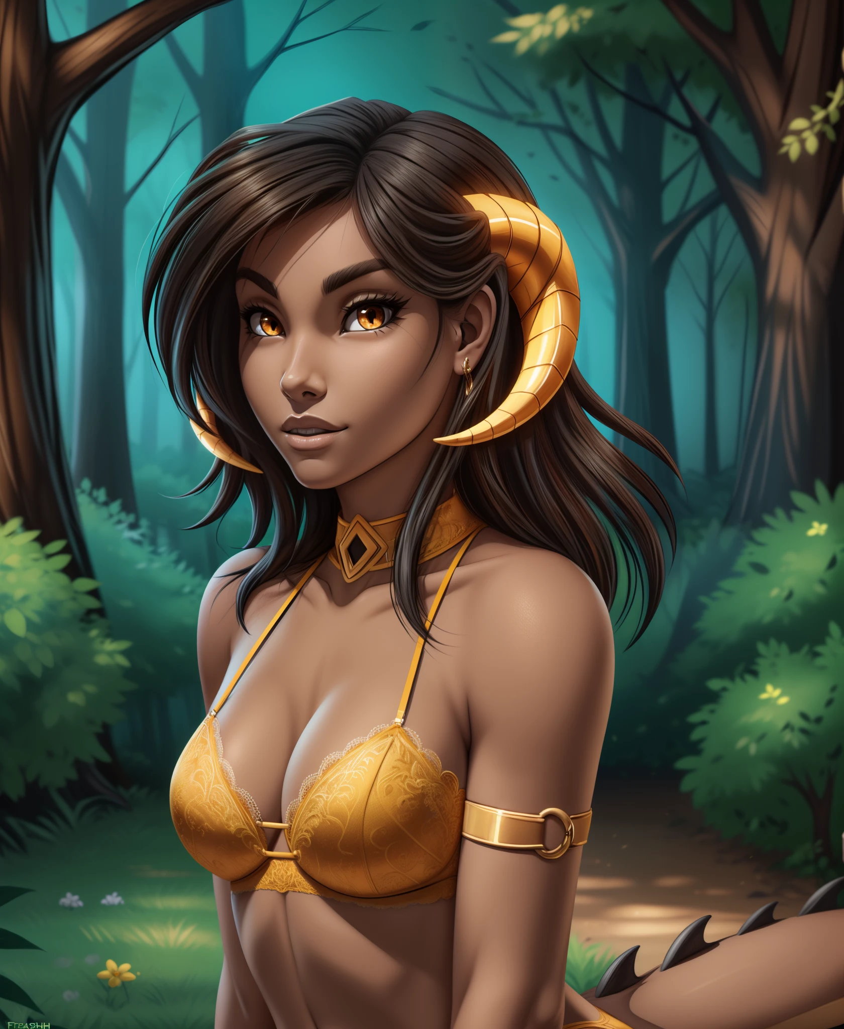 human-reni, twokinds, by tom_fischbach,, (best quality, masterpiece:1), full body ,solo, female human, orange eyes, medium hair, black hair, looking at viewer, horns, scalie, dragon humanoid, (outdoors dark forest trees blurry blurred background:1.1), gold bra