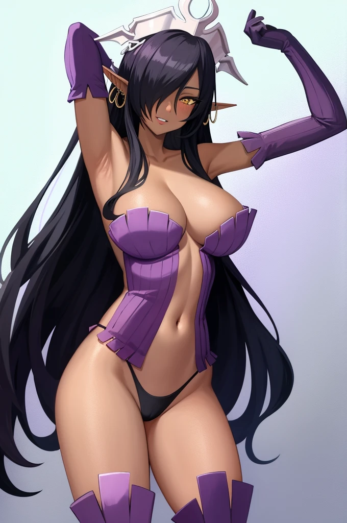 revealing clothes, headwear, 1girl, solo, long hair, breasts, looking at viewer, blush, open mouth, large breastackground, black hair, purple thighhighs, hat, white background, navel, cleavage, bare shoulders, jewelry, thong, collarbone, cowboy shot, earrings, parted lips, detached sleeves, pointy ears, elbow gloves, dark skin, armpits, hair over one eye, arms up,( dark-skinned female:1.2), YELLOW eyes, white headwear, dark elf, arms behind head, highleg panties, purple gloves, multiple earrings, purple sleeves,smirk,