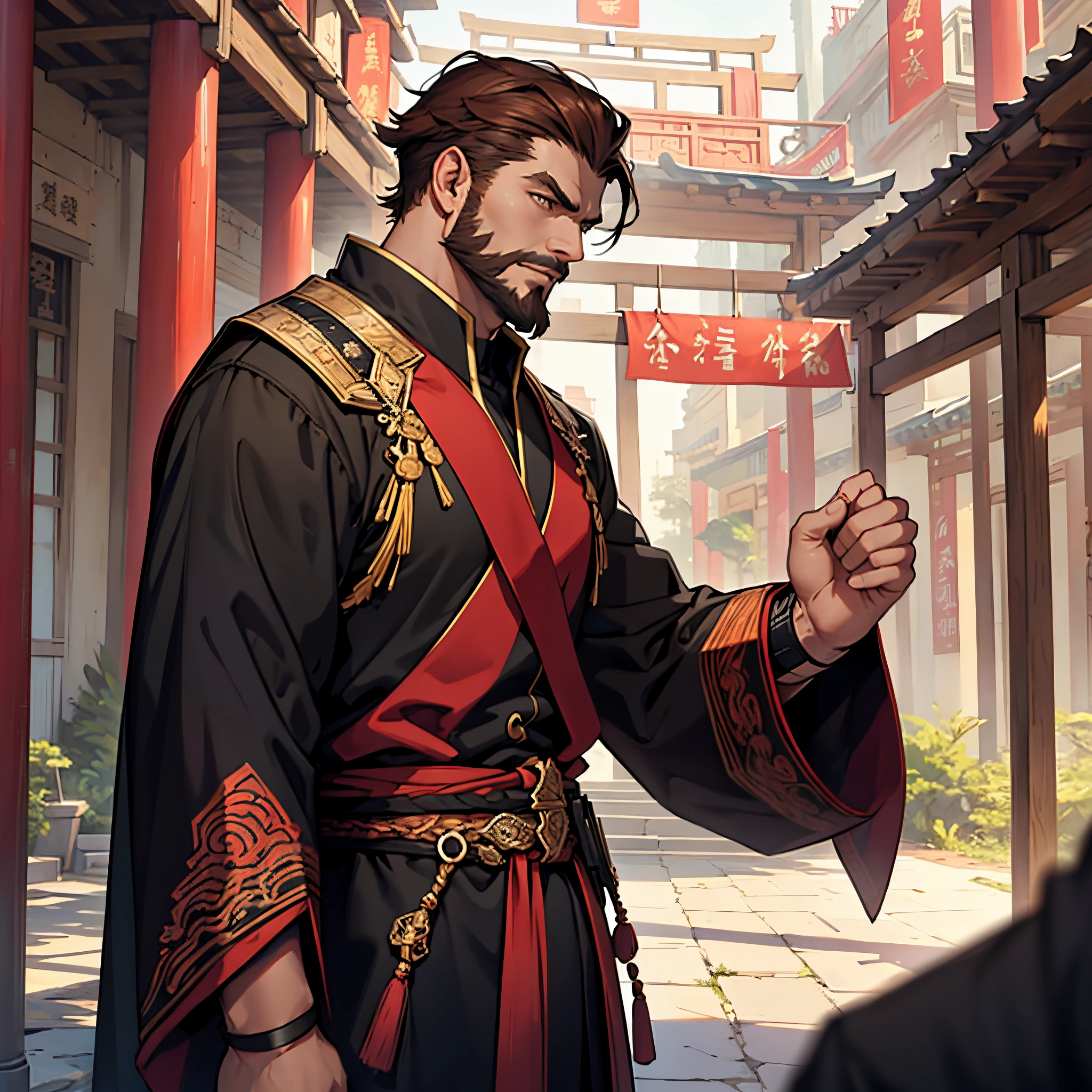 ​masterpiece, Best Quality, detailed, Cinematics, 4k, Background with:In front of a pavilion inside an ancient Chinese city, wearing black uniform and armor, Moorim’s absolute expertise(Middle-aged man with very short reddish-brown hair), kaiser beard