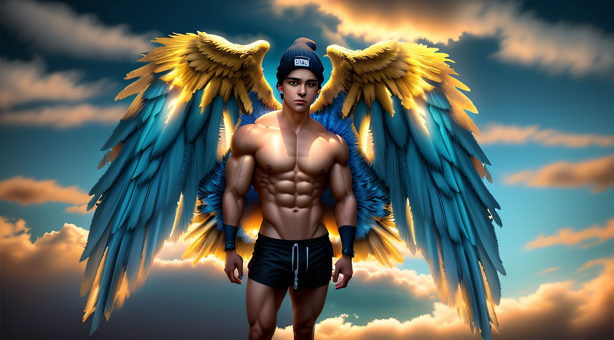 Create a mesmerizing image to accompany our video "MUSIC for GYM HARDSTYLE phonk style". Visualize a paradisiacal setting with a sculptural body reminiscent of Zyzz, an iconic bodybuilder, Entre as nuvens. Este corpo esculpido ostentado asas douradas, giving an aura of destruction to the character.
O fundo celestial deve ser profundo, intense blue sky, conveying a feeling of spaciousness and serenity. O personagem'the golden wings must shine with a unique brilliance, standing out dazzlingly against the blue sky. Utilize toneladas contrastantes, Exploring the wheel of cores to create a vibrant, immersive image.
Make sure you capture the essence of phonk and hardstyle in the image, incorporando elementos que transmitem energia, ritmo e intensidade. A atmosfera celestial, combinada com o toque moderno da cultura do hardstyle, will provide a captivating and thought-provoking image to attract the viewer'interesse.
Explore the duality between the physical strength represented by the bodybuilder and the lightness of the golden wings, creating a visual narrative that reflects the unique fusion of elements that define the video'estilo musical e visual. Make sure every detail contributes to the image’s engaging and impactful aesthetic.
