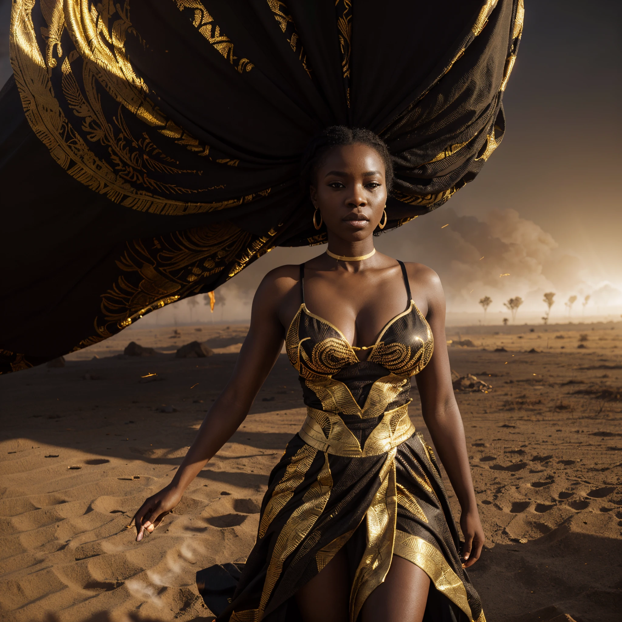 Wide angle shot of a beautiful african woman dressed in a black and gold African designed dress, with red smoke on the ground blowing with the wind, gold sun in the background providing a moody atmospheric cinematic lighting, hyper-realistic image, 32k, ultra HD, unreal engine rendered, cinematic lighting, artgerm style,