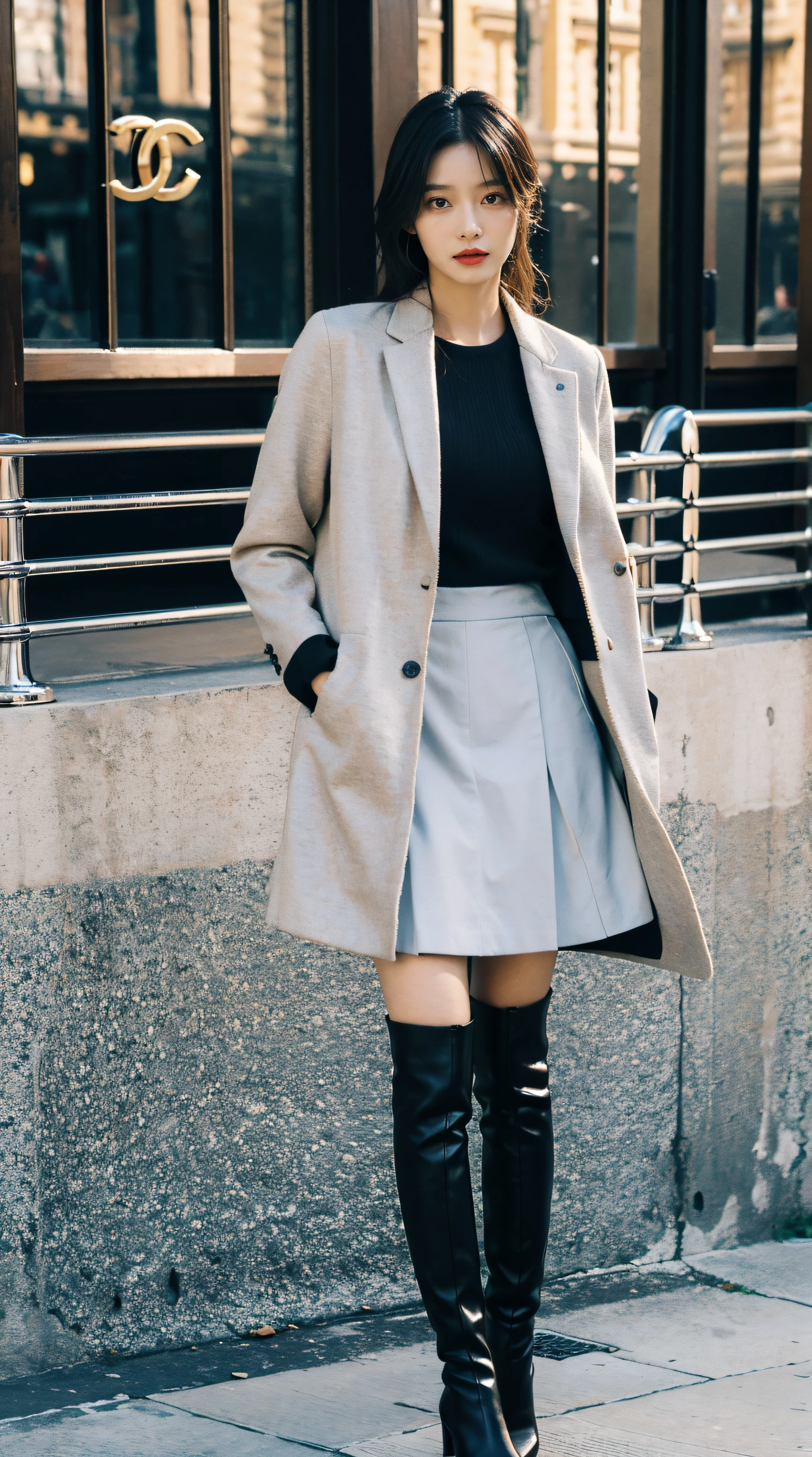 Best quality,tmasterpiece,超高分辨率,(actual:1.4),RAW photos,hyper HD，8K，There  one girl，Stylish clothes,Chanel style，Stylish skinny suit, wearing jacket and skirt,high-class fashion，ellegance, short skirt and a long jacket, Popular models, tigh-high boots，Over the knee boots interior，Casual pose