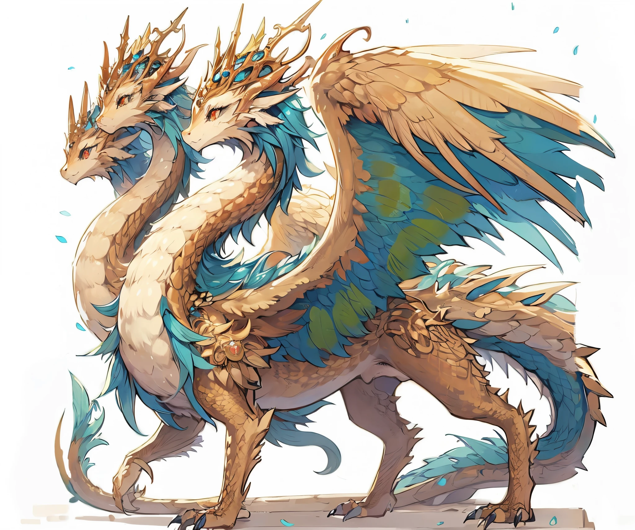 Keizer Ghidorah. female dragon. mesukemo. Dull golden color. Blue as secondary color. three heads. Walking on four legs. dress. crown. anime style.