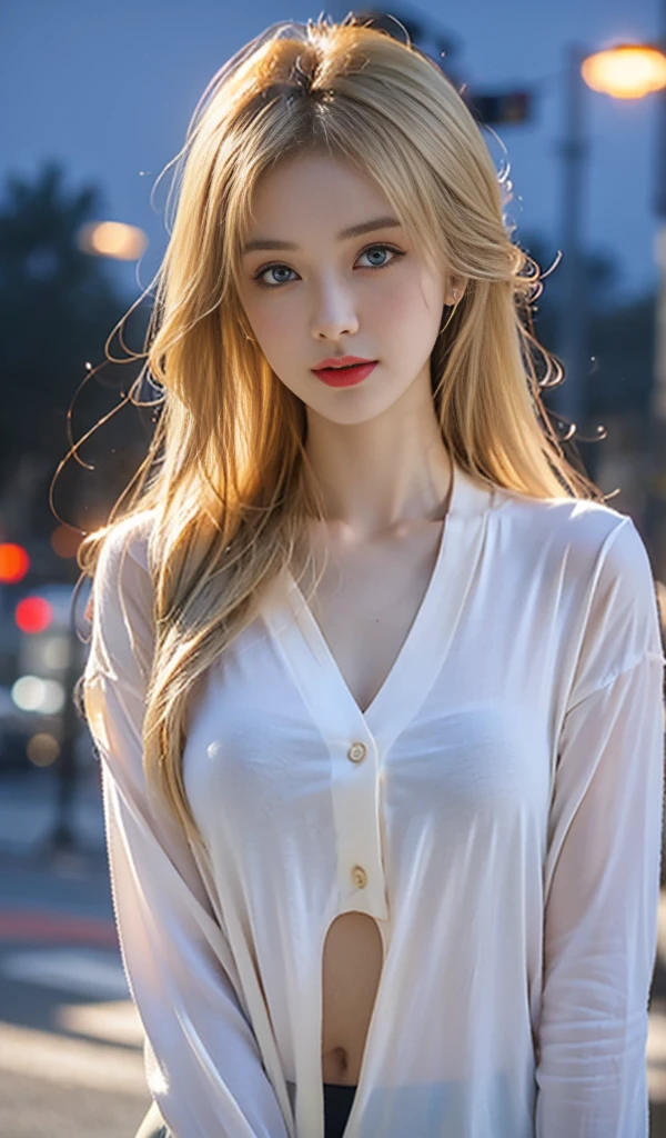 tmasterpiece，Highest image quality，super detailing，(1 Sister), The beautiful, amazing face and eyes, Cosmetics for a refined and beautiful face), (The best look), (Beautiful big breasts:1.1), (Best quality at best:1.4), (ultra - detailed), (extremely detaild的 CG unified 8k wallpapers), Very meticulous, RAW photogr, professional photoshooting, ((buisness suit)),  (Open business shirt),blond hair blue eyes，Outdoor sports, (down town, nightcity, rays of moonlight), (nigh sky), depth of fields,Nude，