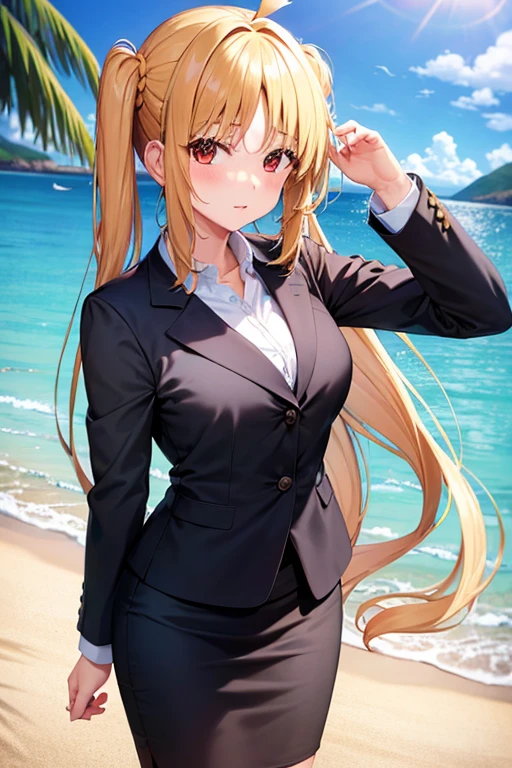 1girl, nijika ichiji, beach background, suit, office lady, black skirt, black blazer, pencil skirt, white shirt, long hair, teenager, looking at viewer, full body,