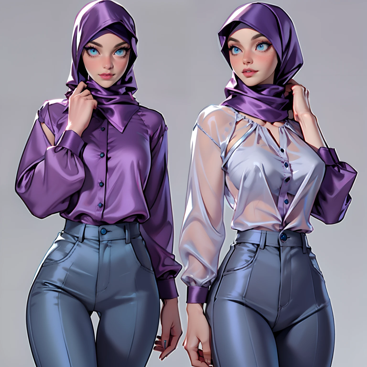 (Masterpiece: 1.5), (Best Quality: 1.5),1girl, solo, huge breasts, makeup, grey background, background, parted lips, upper body, lips, blue eyes, realistic, collarbone, lipstick, medium breasts, nose, eyeshadow, wearing (Teal satin hijab), ((gray satin long blouse shirt, satin trousers pants)), walking, garden, ultra-high details, perfect face, perfect eyes, subsurface scattering