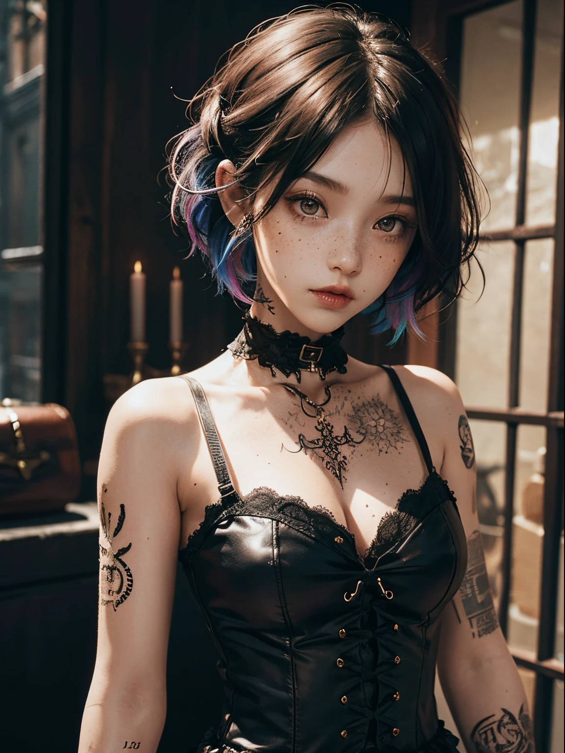 Girl with tattoo, gothic outfit, short hair, colorful hair, freckles: 0.8, off shouders