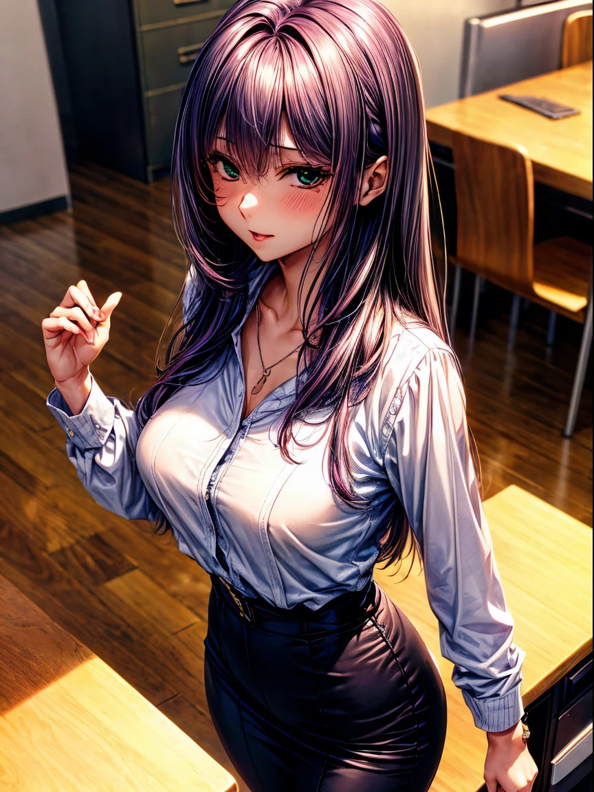 (top-quality、tmasterpiece、high resolution、super high image quality), 1girl, 8K, Rei Himiyama, Amakano, dark purple hair, long hair, straight hair to the waist, perfect figure, 20 years old, F Cup, big butt, green eye, (clear eye white part), black tight office clothes，office desk，dark purple hair，mature face