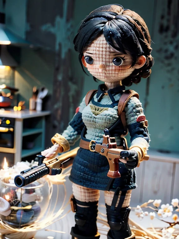 a cute Jill Valentine illustration, blue shirt holding gun, 3d animation, a dark and enormous kitchen for background, Blurry background, lord of the rings ambience