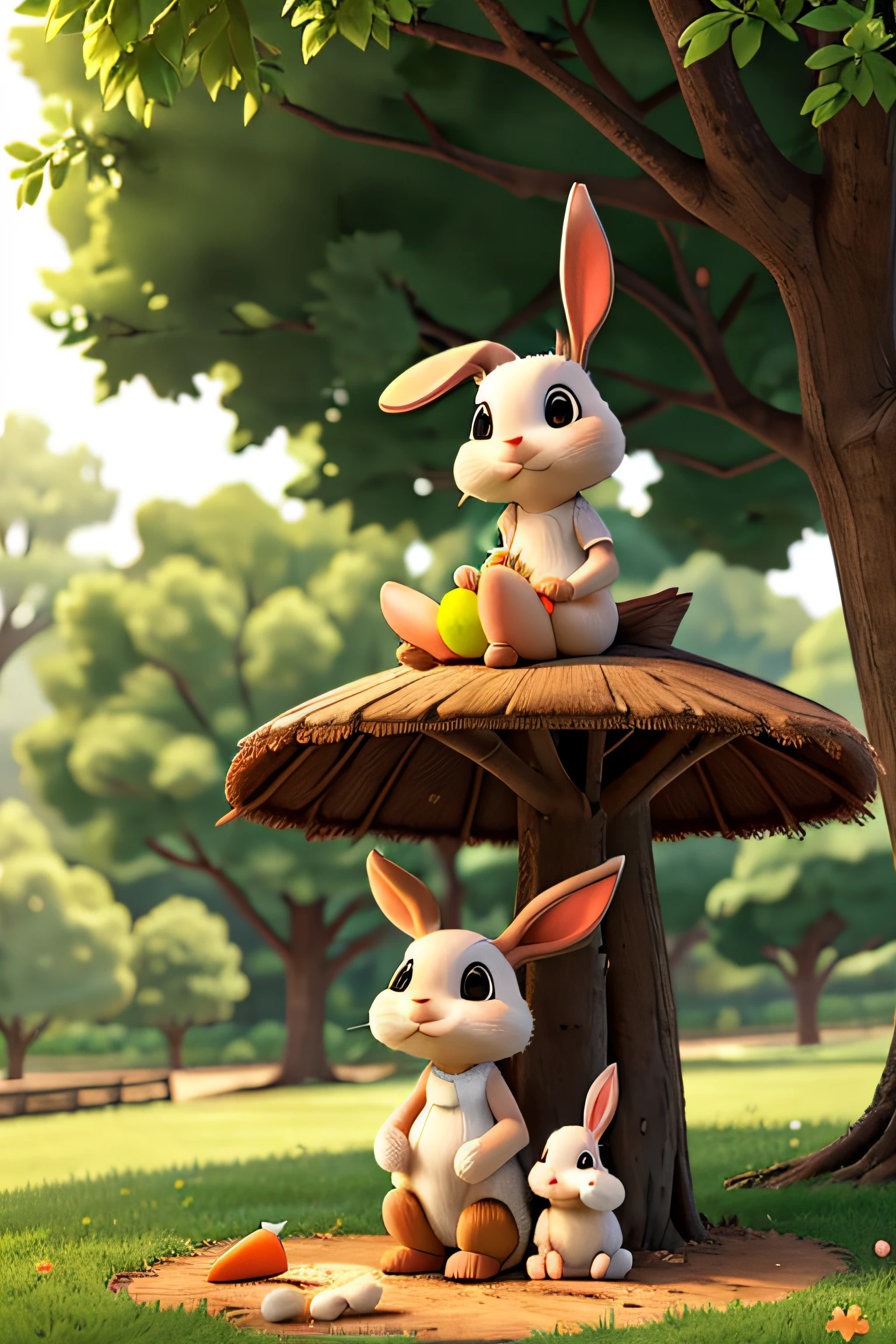 bunny and her baby, enjoying a peaceful moment in the shade of a majestic tree while enjoying your carrots.