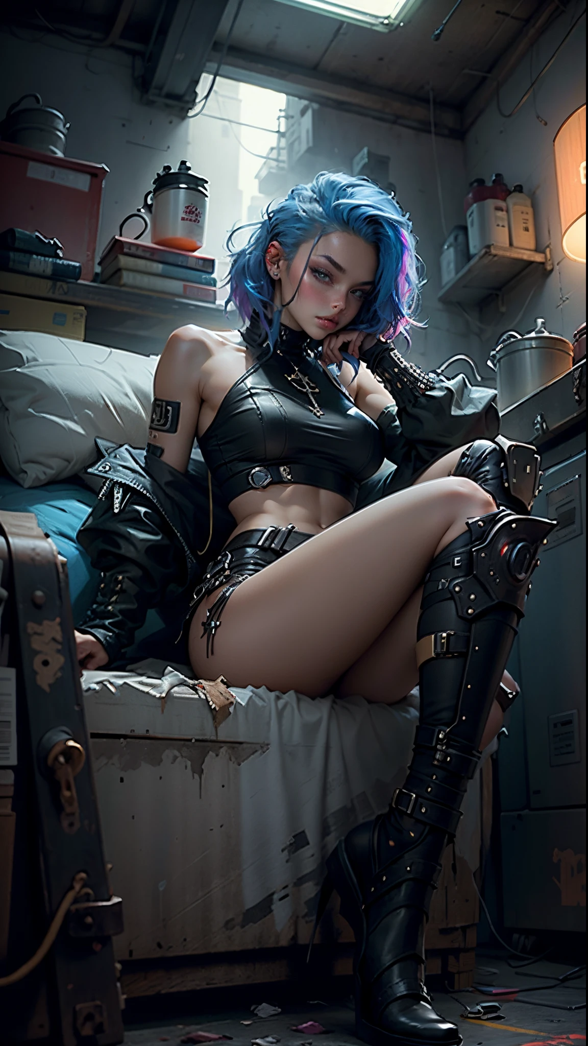 Beautiful woman colored hair, sitting cross-legged sexy leather clothes long breasts cyberpunk style realistic detailed