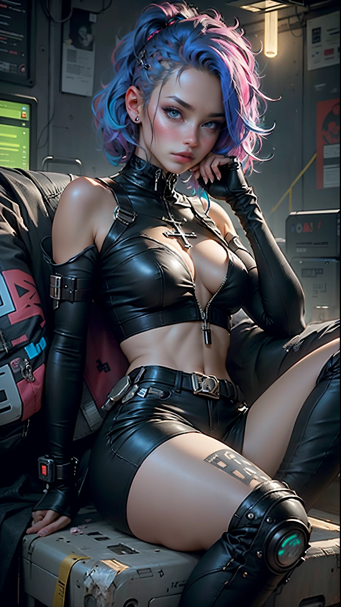 Beautiful woman colored hair, sitting cross-legged sexy leather clothes long breasts cyberpunk style realistic detailed