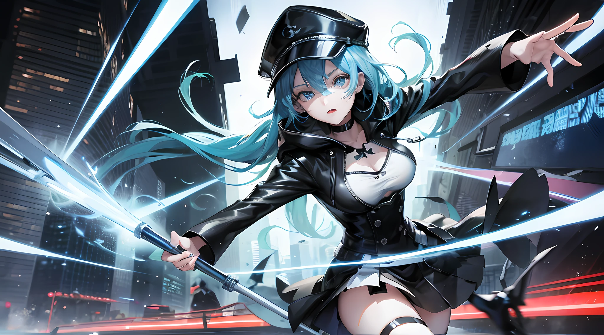 anime girl with blue hair and a white hat posing for a picture, 2 d anime style, anime style 4 k, glowing blue, 4k anime wallpaper, black and blue, anime girl with long hair, cyberpunk anime girl in hoodie, cyberpunk anime girl, trending on artstation pixiv, anime style. 8k, 2 d anime, popular on pixiv, revealing clothing,style image of a woman in a black uniform and a black coach hat, designer black plus symbol in the middle of hat, black designer short skirt, long sexy legs, big tits, white high heels, striking pose, ultra hd, ultra resolution quality, best quality, masterpiece, great , ultra hd quality, best resolution, 4k, ultra 4k hd, 8k, ultra 8k hd, 8k hd