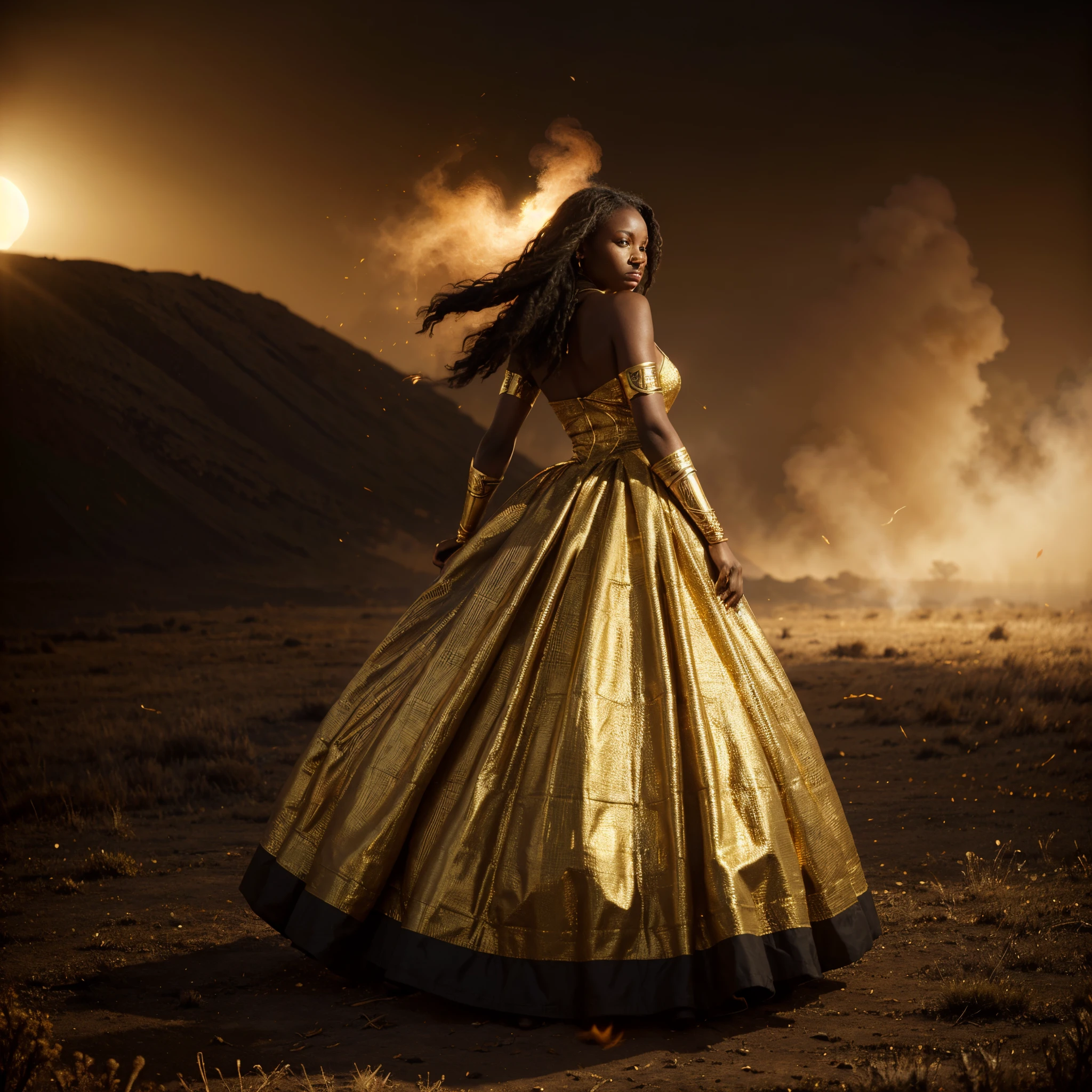 Wide angle shot of a beautiful african woman dressed in a black and gold African designed dress, with red smoke on the ground blowing with the wind, gold sun in the background providing a moody atmospheric cinematic lighting, hyper-realistic image, 32k, ultra HD, unreal engine rendered, cinematic lighting, artgerm style,