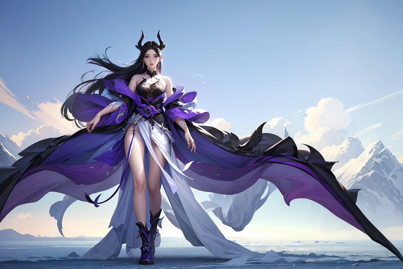 8K, realistic, Ultra High Definition, Super detailed, young girl of 18 years, Shiny detailed hair, dragon ears, detailed face, dragon features, fantasy landscape, solo, looking at viewer, {{best quality}}, {{masterpiece}}, {{ultra-detailed}}, {detailed light}, ultra high quality eyes, detailed eyes, perfect eyes, large eyes, purple eyes, sexy tattoo, black hair, long hair, metallic dragon horns, beautiful earrings, beautiful, skinny body, white skin, kimono, futuristic and brightly colored sneakers, slutty, erotic, standing in suggestive pose, ((nsfw))