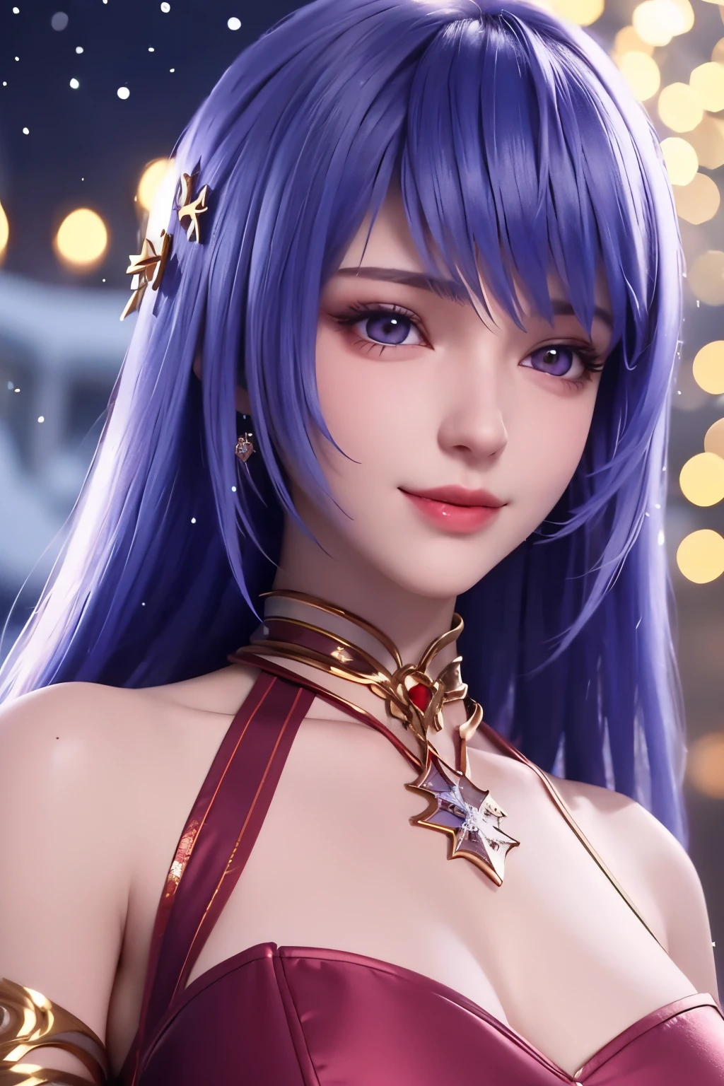 christmas eve girl, Beautiful detailed eyes, Beautiful detailed lips, extremely detailed eye and face, long eyelashes, Christmas themed clothing and accessories, Cute smile, Enjoy the festival atmosphere, Comes with a beautifully wrapped gift box, outdoor snow scene, soft vibrant colors, Warm and cozy lighting, Portraits, Snowflakes falling in the background, delicate snow details, Twinkling lights, There was joy and excitement in her eyes........., zora々Innocence, High Quality Illustrations(4K, hight resolution, masutepiece:1.2), dreamy ambiance、childish、off shoulders,mrs clause,Christmas,