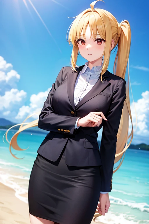 1girl, nijika ichiji, beach background, suit, office lady, black skirt, black blazer, pencil skirt, white shirt, long hair, teenager, looking at viewer, full body,