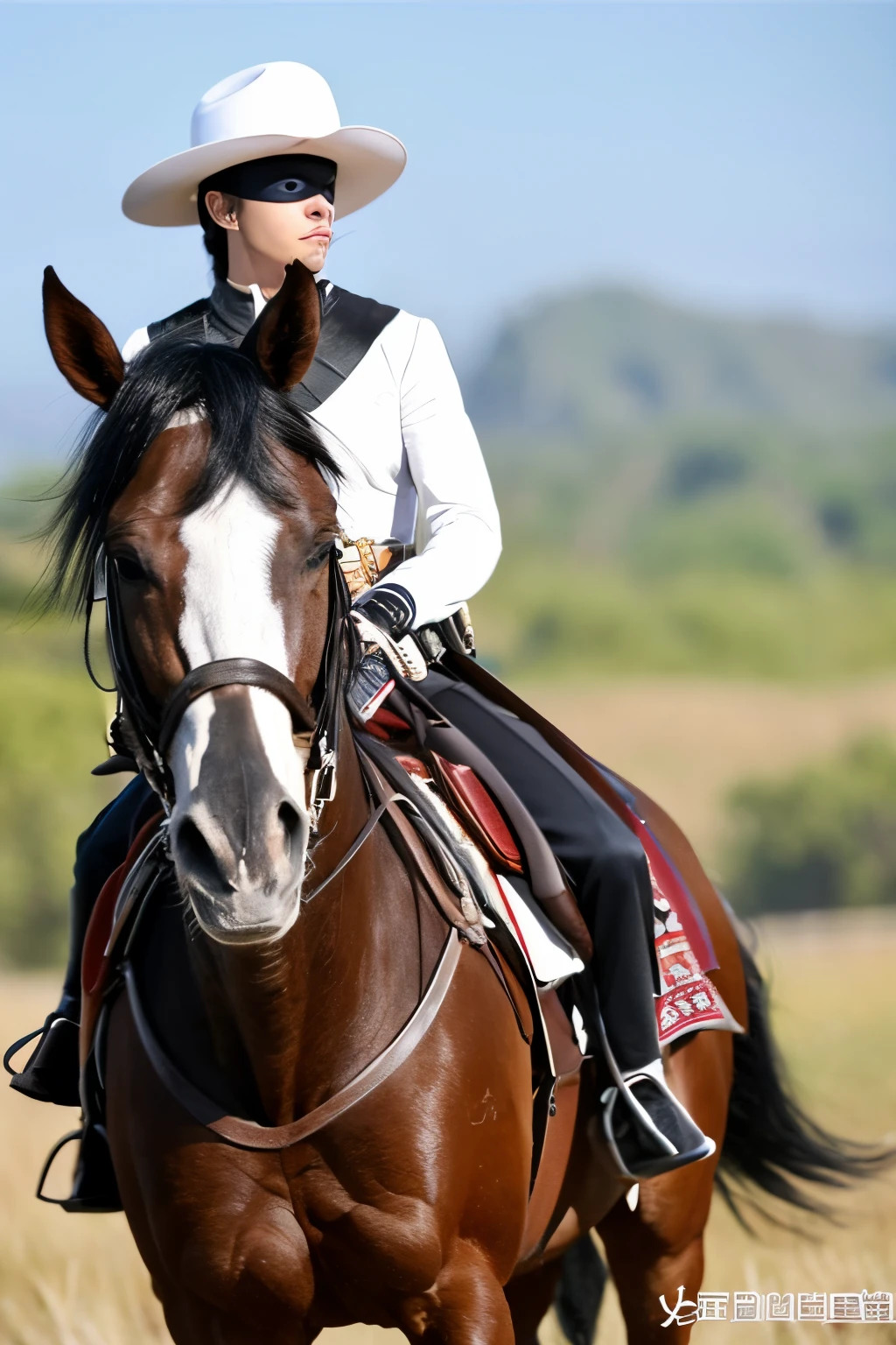 ((Best Quality)) lone Ranger。male people。。lone Ranger。eye mask。White horse。a picture。realisitic。gunman。The Lone Ranger gallops on a white horse。mask with only eyes。american cavalry。